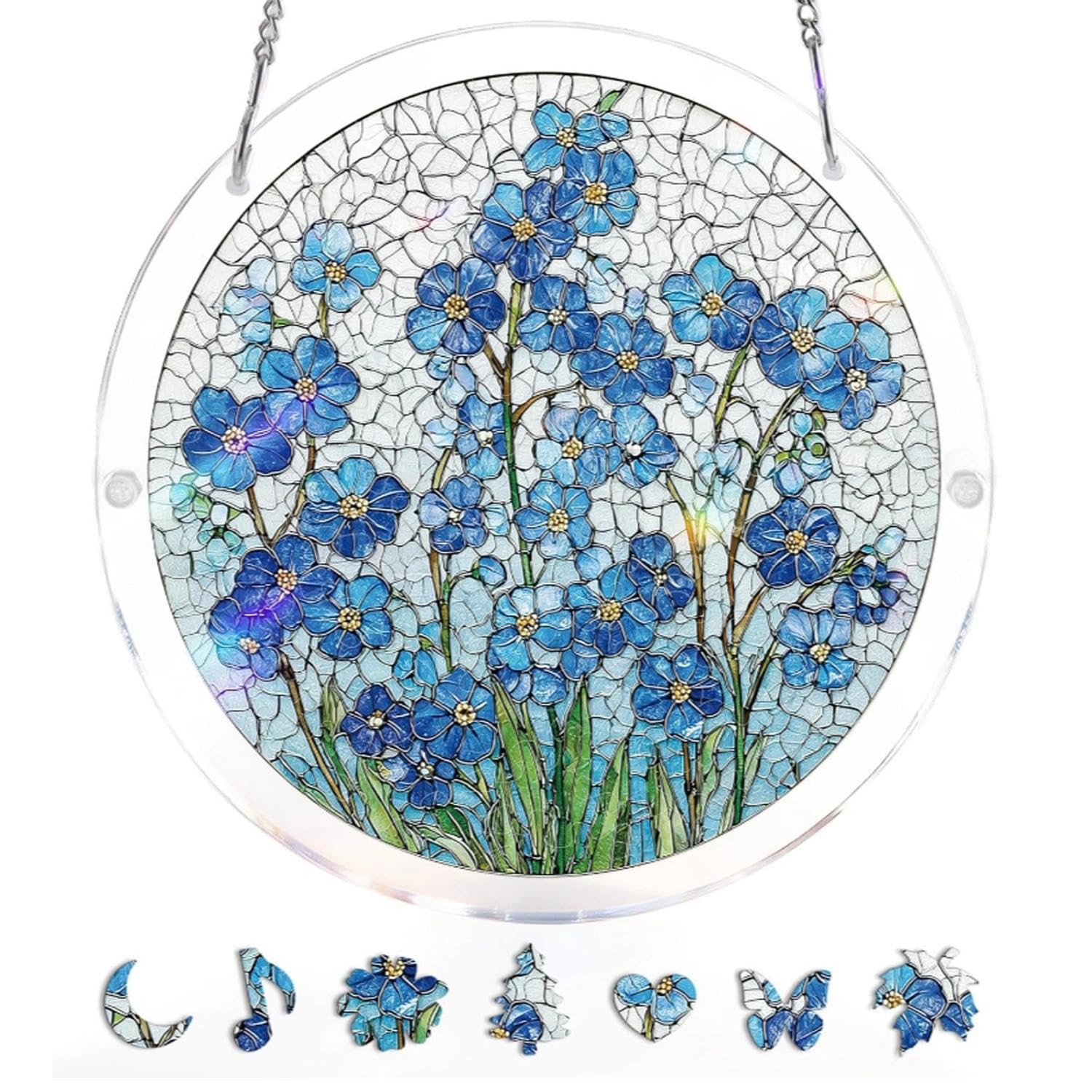 Forget Me Not Acrylic Puzzle Suncatchers, Floral Window Hanging Suncatcher for Windows Garden Home Decoration 7 Inch