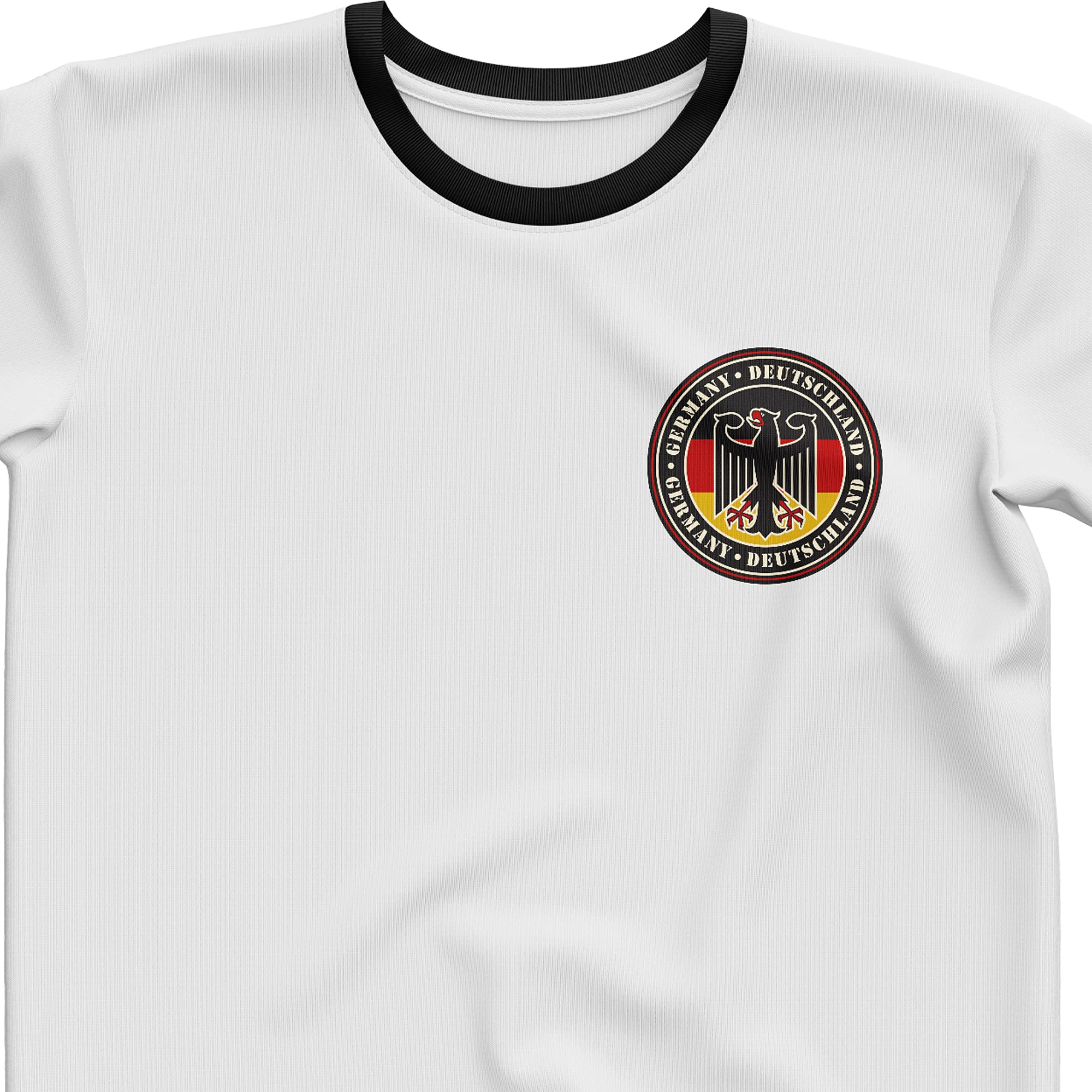 Purple Print House Germany Football Shirt, Germany Deutschland Badge T-Shirt Mens Gifts White Black Ringer Top Birthday