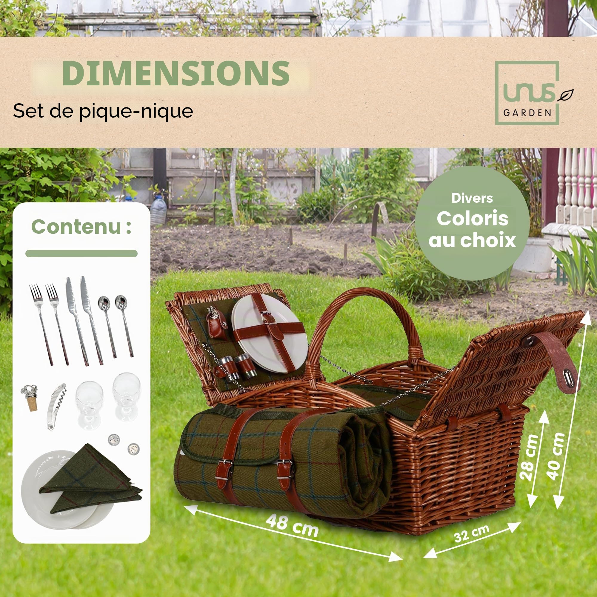 UNUS Panier de Pique-Nique en Osier pour 2 Personnes avec Couverture, Vaisselle et Couverts, Set Complet avec Tapis de Pique-Nique
