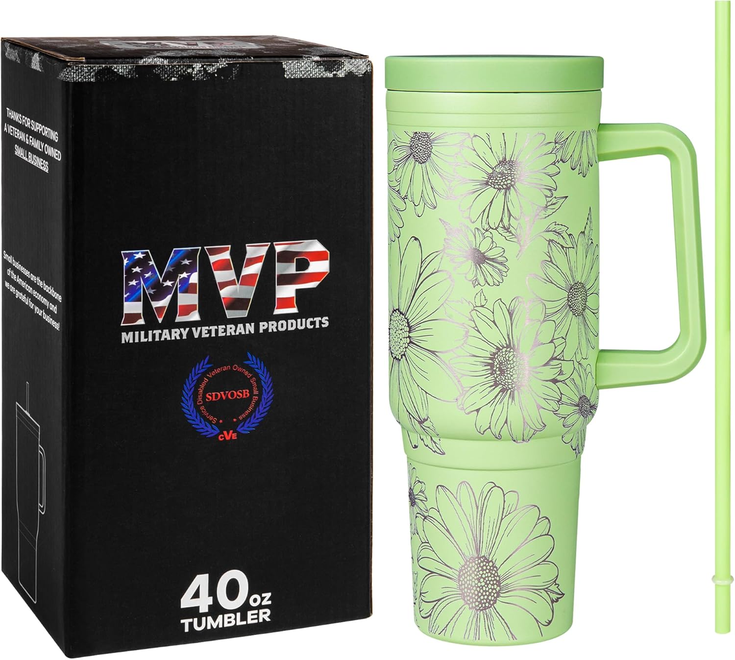 Engraved Daisy 40oz Insulated Tumbler with Handle, Lid & Straw - Use for Water, Tea, Coffee & More-Disabled USMC Vet Owned Small Business-Daisy 40oz Tumbler - Image 4