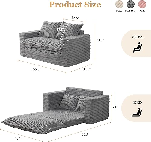 Miniatura 3 de YOSHOOT Sofá biplaza, sofá cama convertible, sofá cama futón para sala de estar, sofá extraíble 3 en 1 con cojín lavable y almohadas, gris oscuro