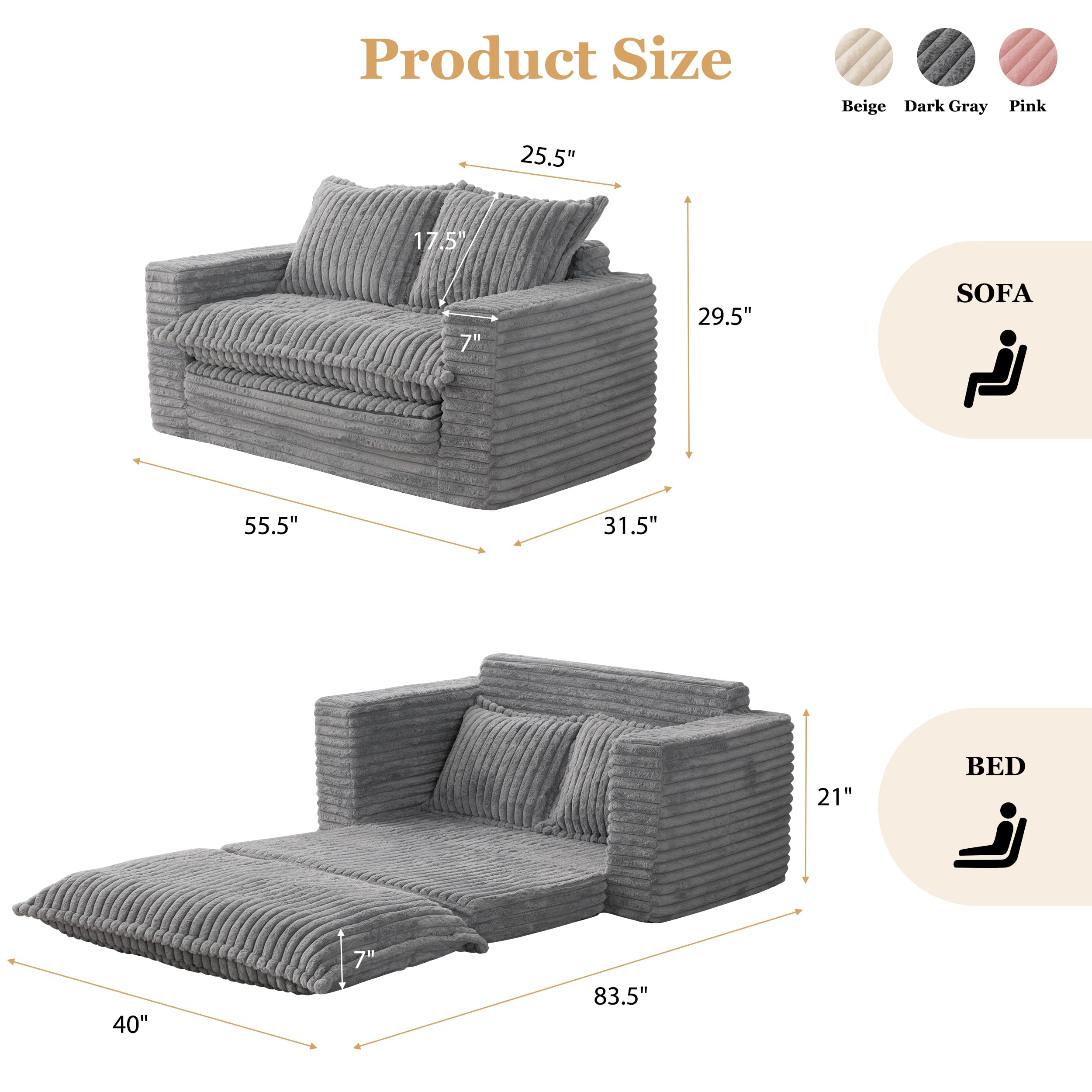 Loveseat Sleeper Sofa, Convertible Sofa Bed Couch Futon Couches for Living Room, 3-in-1 Pull Out Floor Couch with Cushion and Pillows, Dark Grey