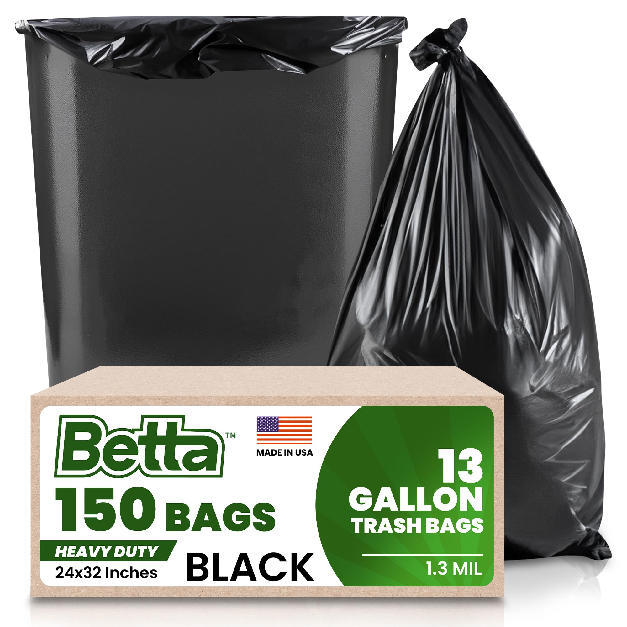 Betta 13 Gallon Black Trash Bags, 150 Count Box, (24x32-inch) Commercial Heavy-Duty Garbage Can Liners for 10-13 Gallon Round Cans, 8-12 Gallon Slim