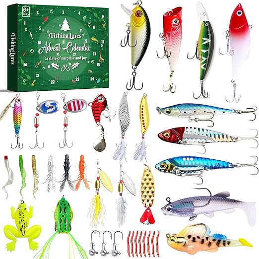 Fishing Advent Calendar 2024, Fishing Lures Kit - Crankbaits, Spinnerbaits, Plastic Worms, Jigs - for Bass, Trout, Salmon, Freshwater Fishing Gear Advent Calendar for Kids, Fishing Gifts for Men