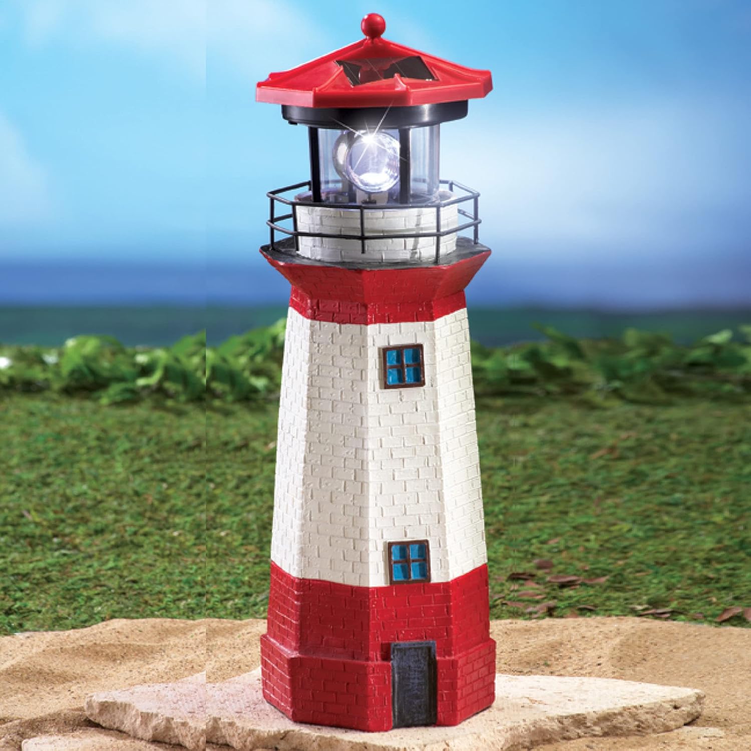 Jumbl 15" Red Solar Lighthouse with Rotating LED – Nautical Outdoor Resin Décor for Coastal Gardens and Yards