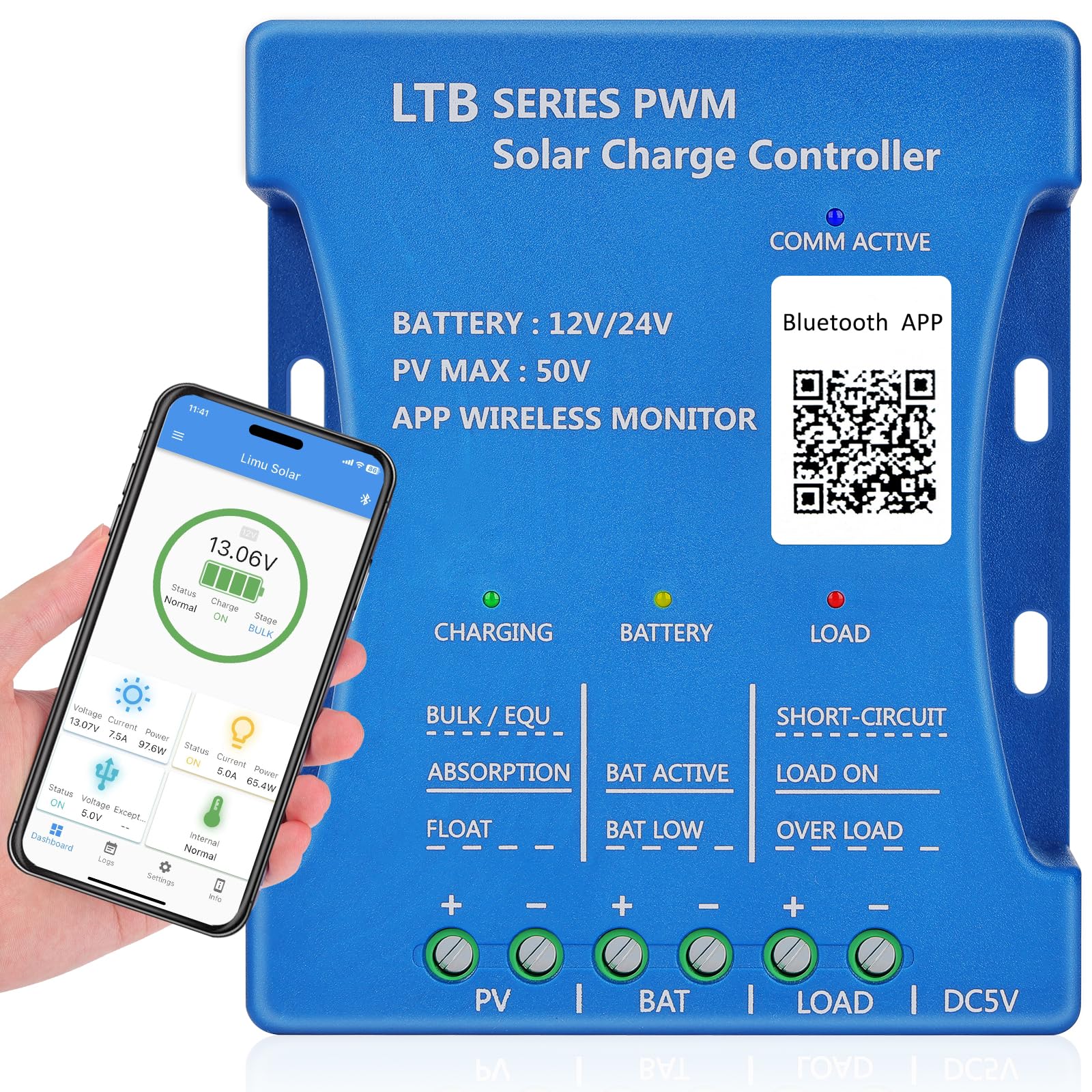 Controlador de cargador solar con aplicación Bluetooth de 30 A: KWODE 30 A, 12 V/24 V, PV: 50 V, controlador inteligente de panel solar, controladores de cargador PV Bluetooth PWM para plomo ácido