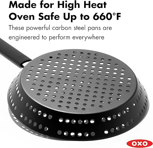 Miniatura 6 de OXO Sartén de acero al carbono pre-sazonado de obsidiana, sartén de 12 pulgadas con agujeros para asar con mango de silicona extraíble, inducción,