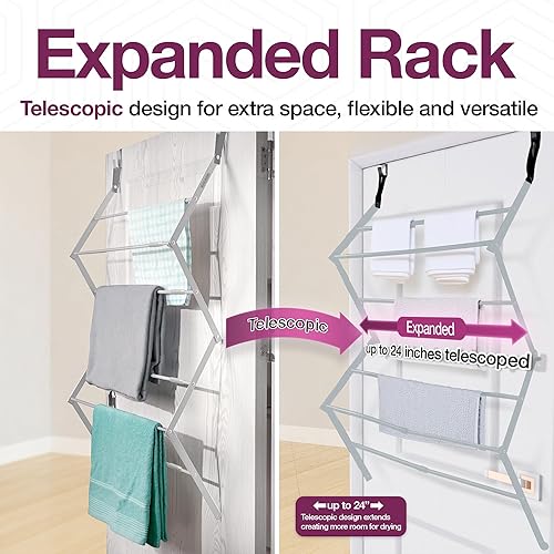 Miniatura 2 de BLACK+DECKER Estante de secado telescópico extensible sobre la puerta, organizador de ropa, colgador de toallas, lavandería, plegable, color plateado