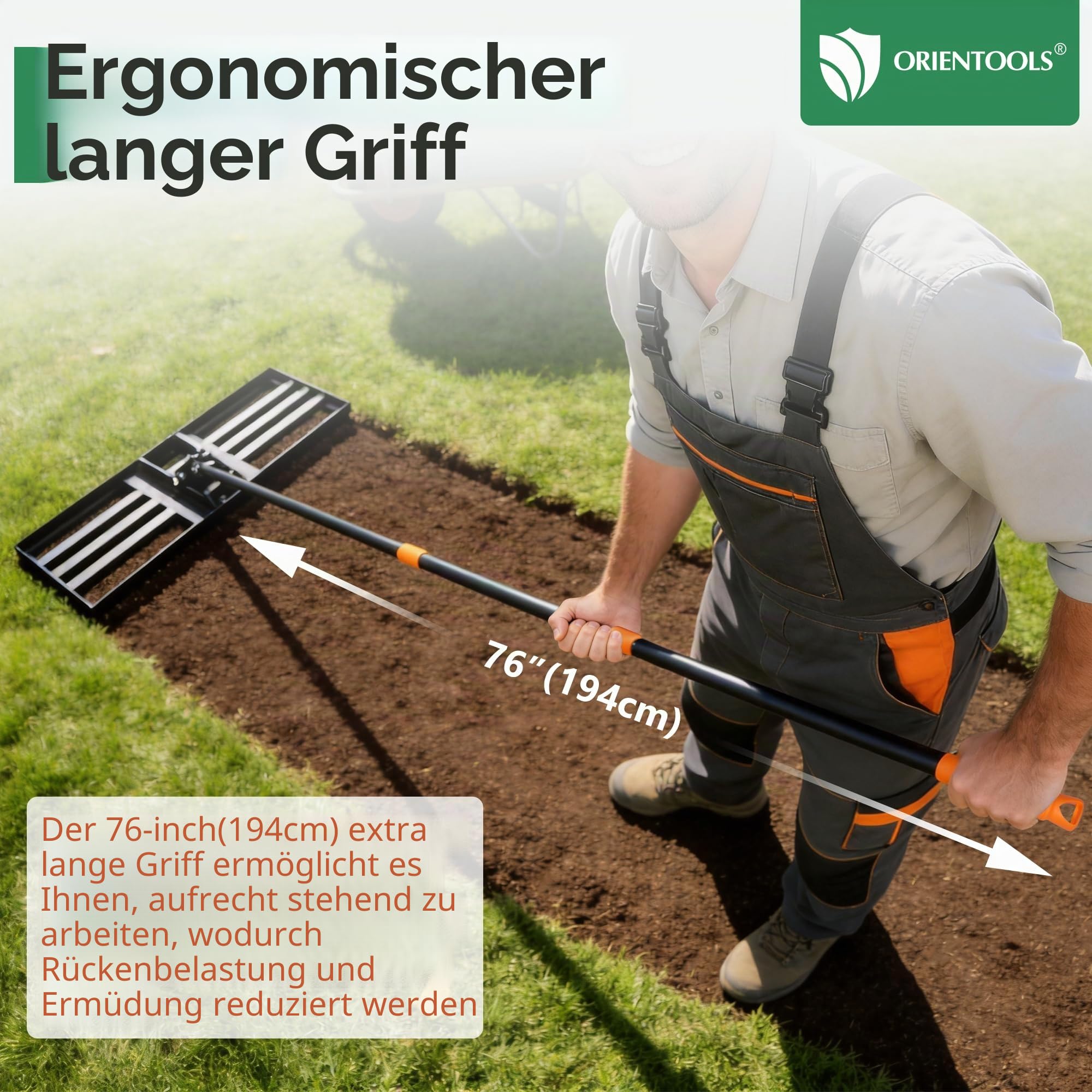 ORIENTOOLS Edelstahl Nivellierrechen 75x25 cm 206 cm verstellbarer Stiel