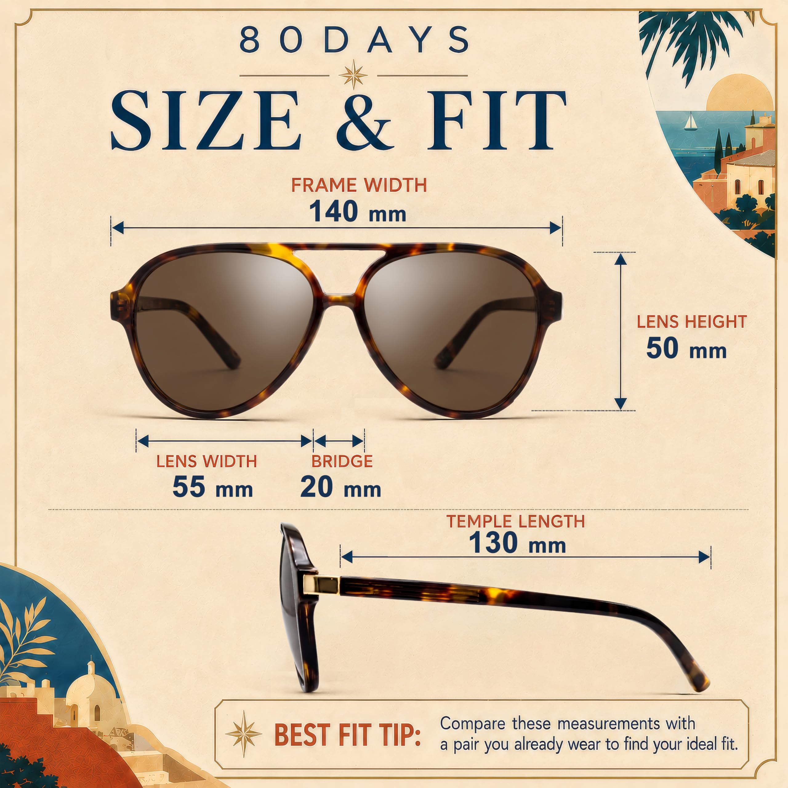 80Days Occhiali da Sole Pilota per Uomo e Donna – UV400, Stile Iconico, Dettagli in Metallo