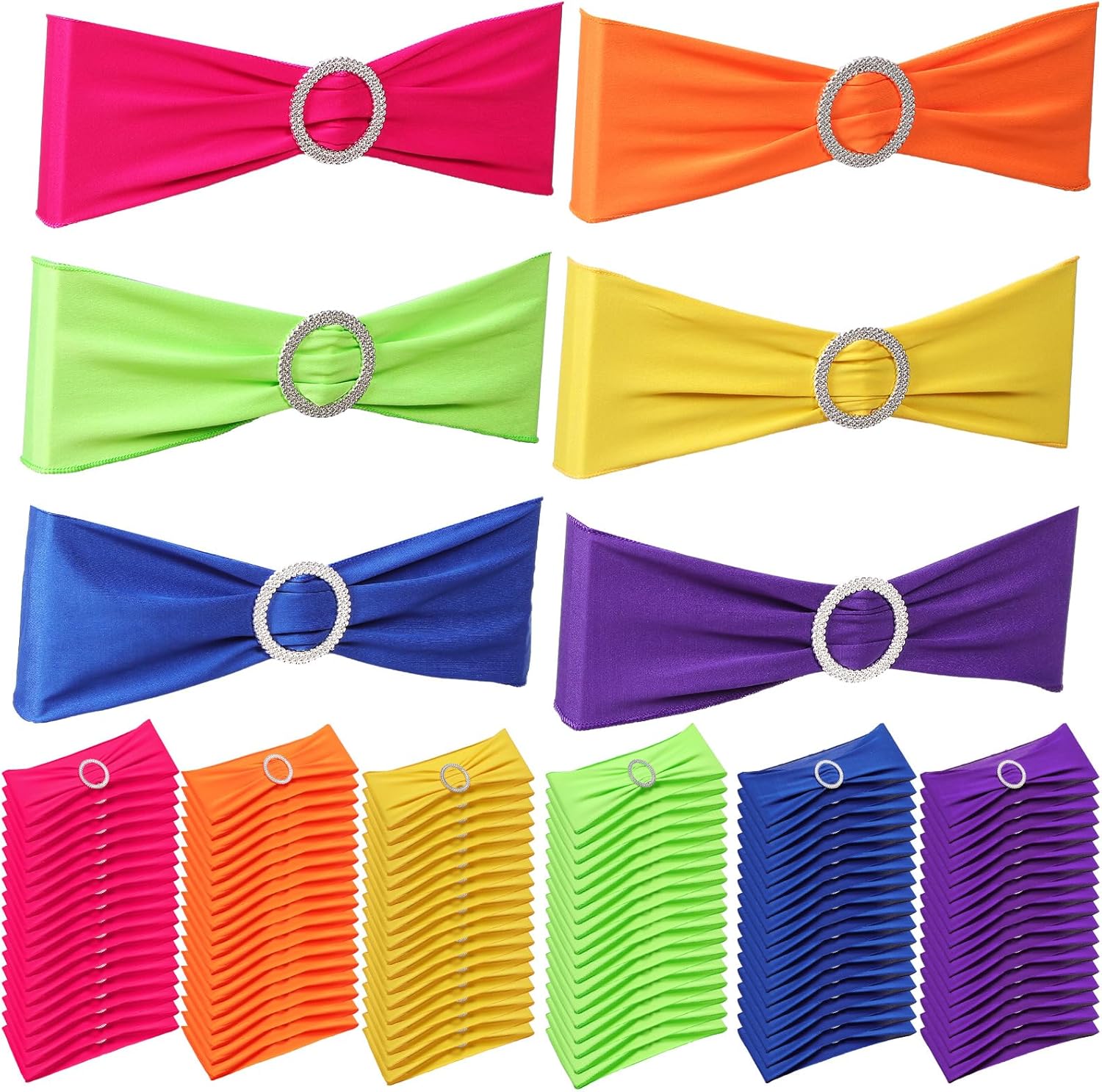 Newwiee 60 Pieces Colorful Stretch Chair Sashes Dining Spandex Chair Sashes Bands with Buckle for Wedding Event Fiesta Party Favor Ceremony Reception Banquet Mardi Gras Decoration