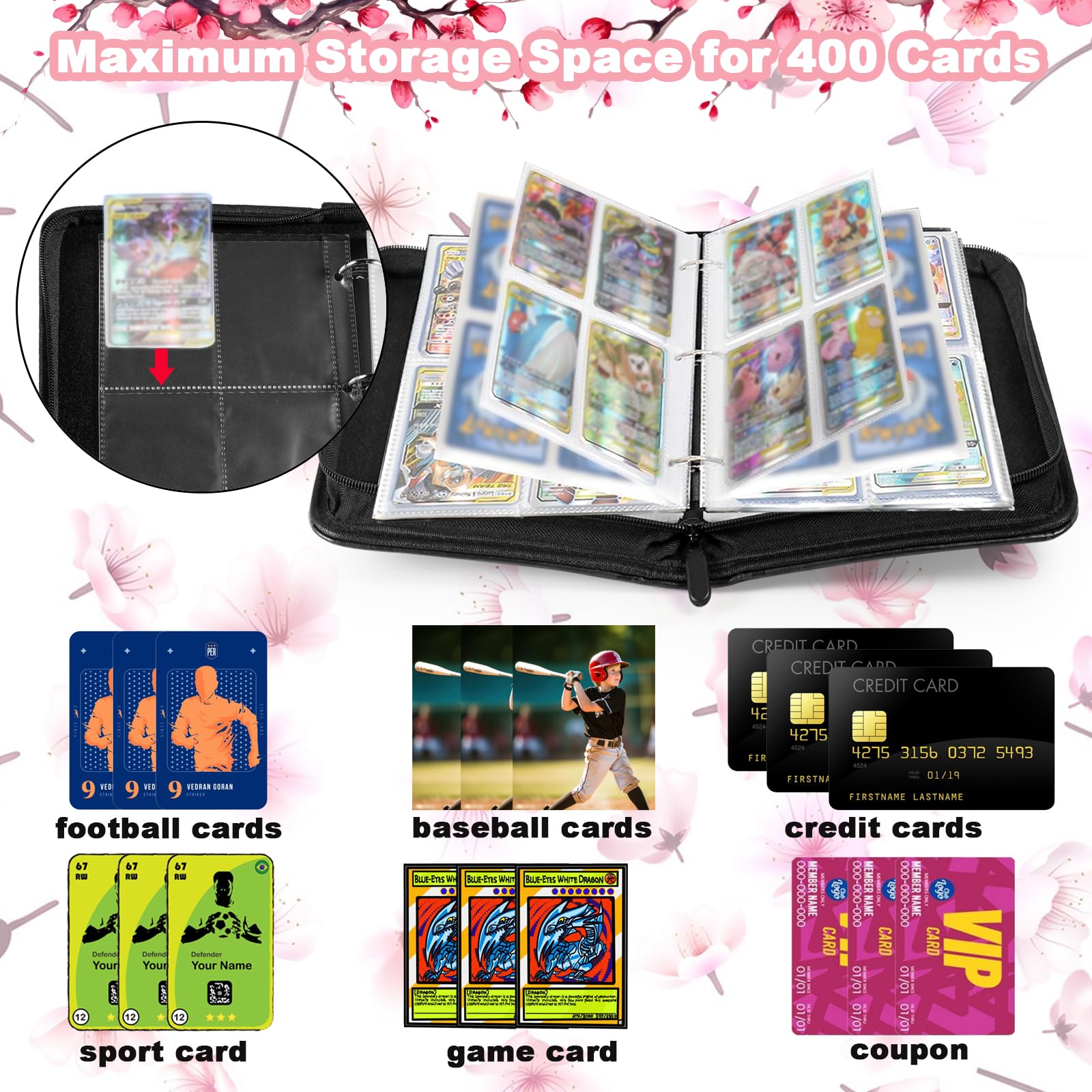 Card Binder, 4 Pocket Card Binder for 400 Cards with 50 Removable Sleeves, Trading Game Card Holder Collection - Image 4
