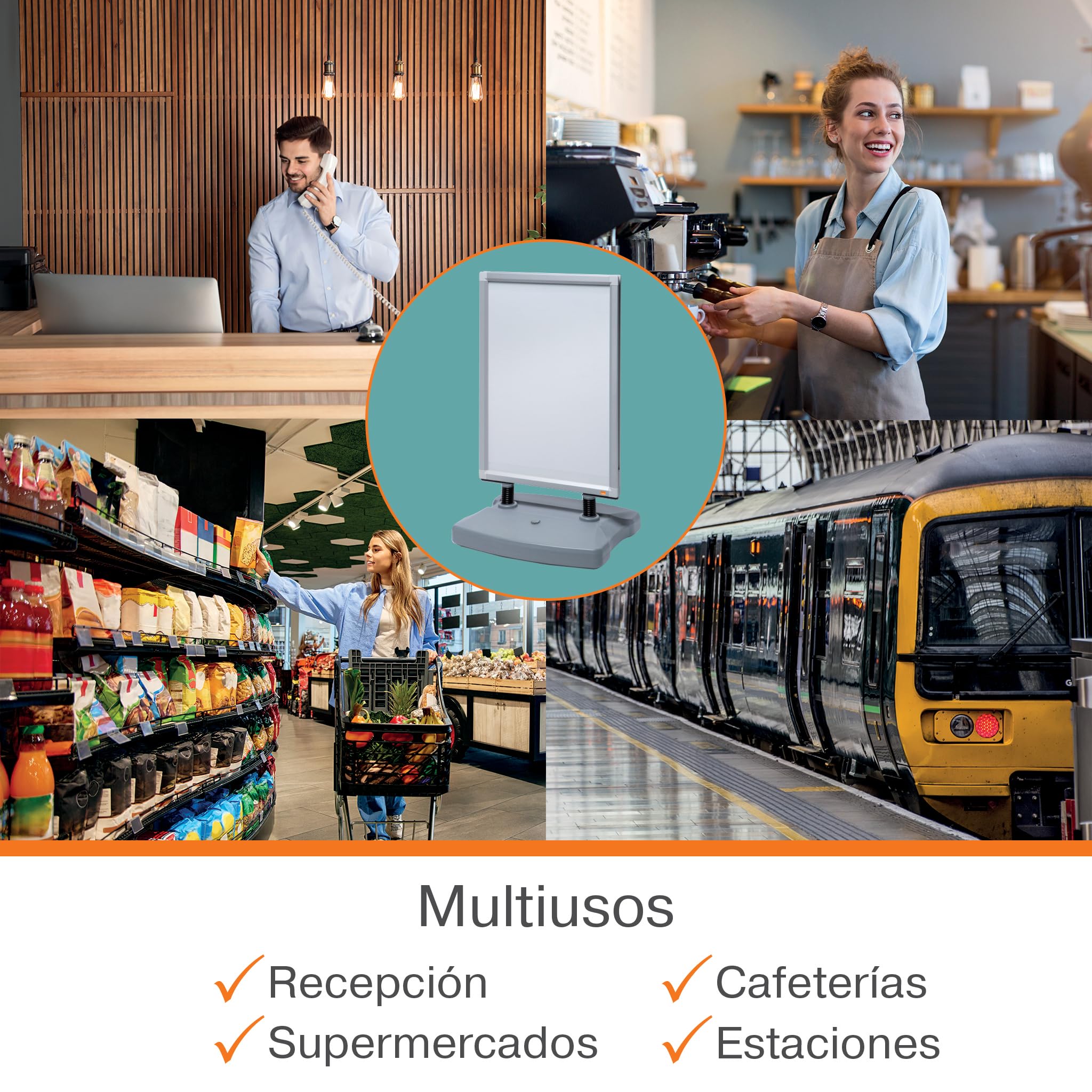 Nobo Impression Pro A1 cartel de suelo con base estable lastrada | Marco doble cara apertura rápida, cubierta PP antirreflejos, ruedas ocultas, exterior, tienda, comercio, restaurante