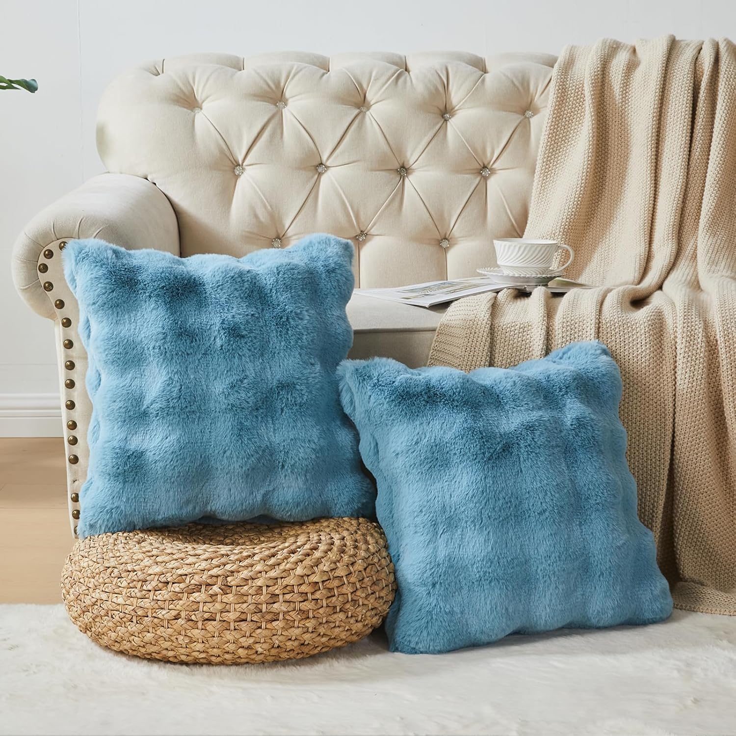 NEWCOSPLAY Throw Pillow Covers 18"x18" Set of 2 Faux Fur Soft Fluffy Bubble Decorative Cushion Covers for Couch Bed Living Room (Blue, Pack of 2) - Image 2