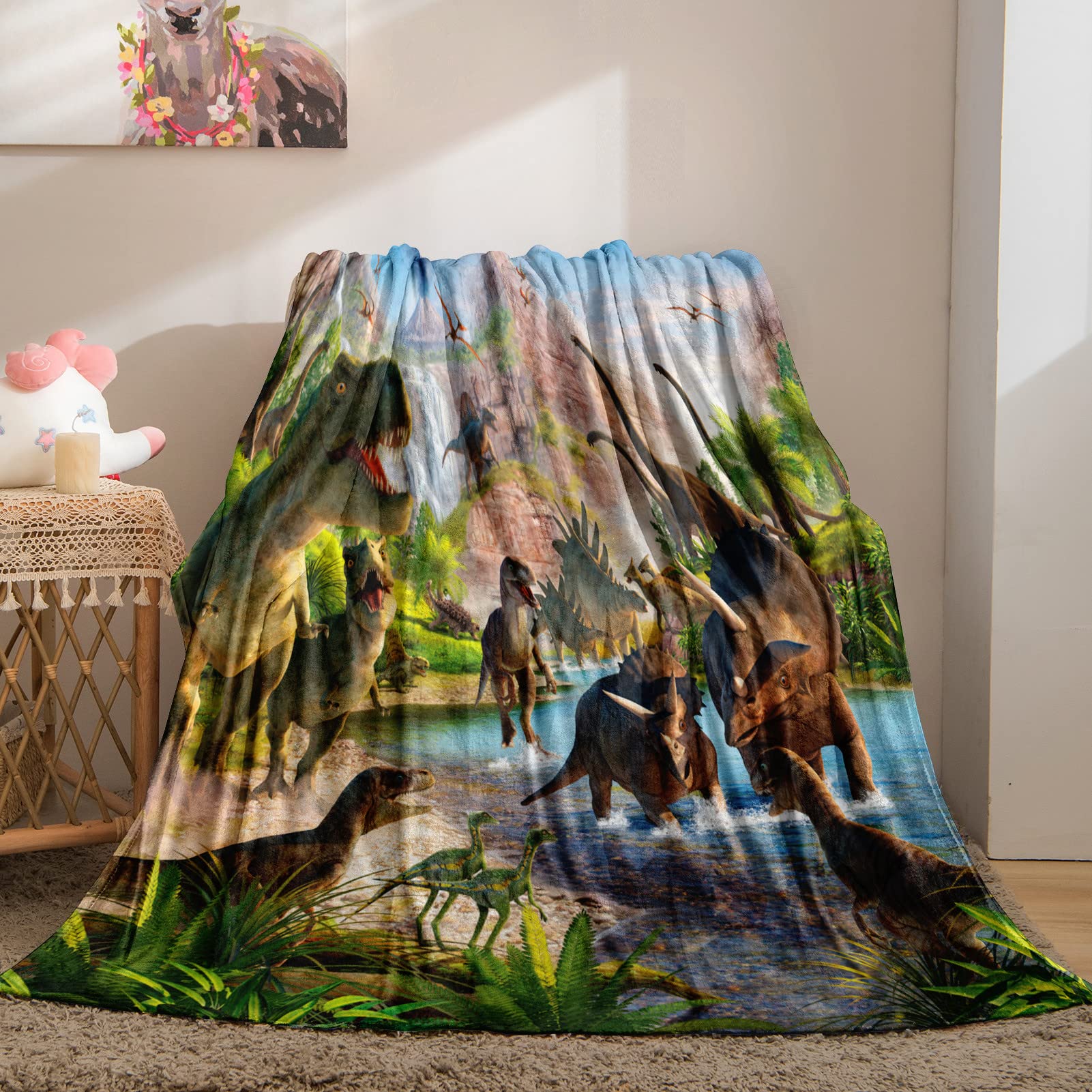 YUANZU Dinosaur Blanket Throw, Kids Teens Jungle Animals Wildlife Dino Print Pattern Soft Cozy Flannel Blanket, Warm Lightweight Plush Throw Couch Sofa Bed Cover, Gifts for Boys 50x60 inch