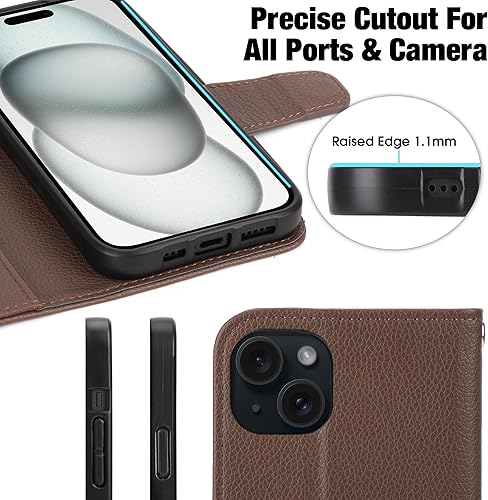 Miniatura 44 de Arae Compatible with iPhone 15 Case with Card Holder and Wrist Strap Wallet Flip Cover for iPhone 15 6.1 inch,Wine Red