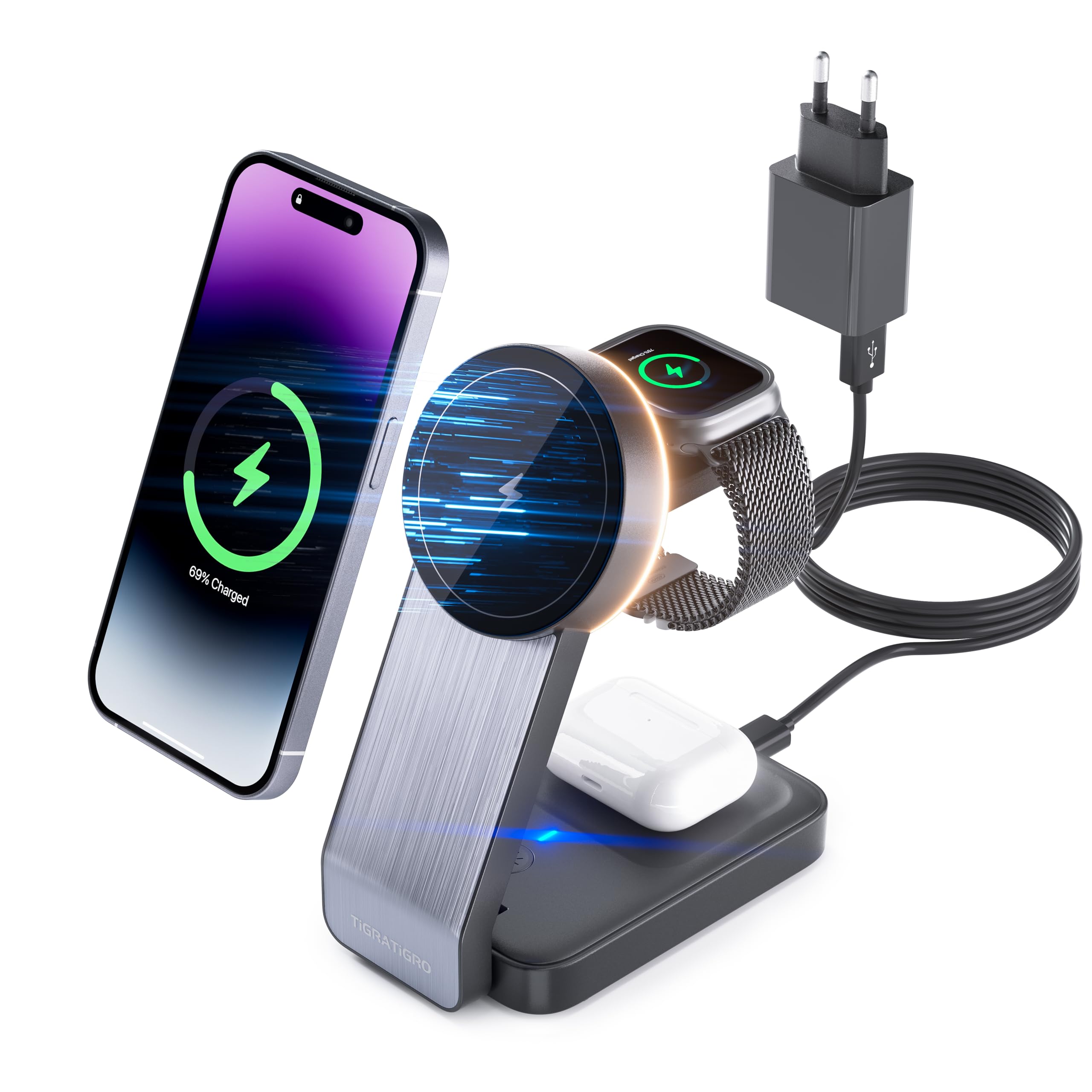 Tigratigro Caricatore Wireless per iPhone con Mag-Safe, 3 in 1 Ricarica Rapida Stazione Magnetica Pieghevole portatile Charger per iPhone 12/13/14/15/16, AirPods 2/3/4/Pro, Watch - Nero