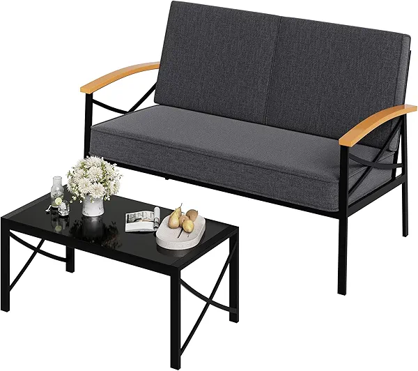 Shintenchi Metal Outdoor Patio Furniture Set with Coffee Table, 2 Piece Patio Conversation Sets with Washable Thick Cushions, Loveseat, Patio Sectional Furniture Set for Porch, Balcony, Deck, Gray