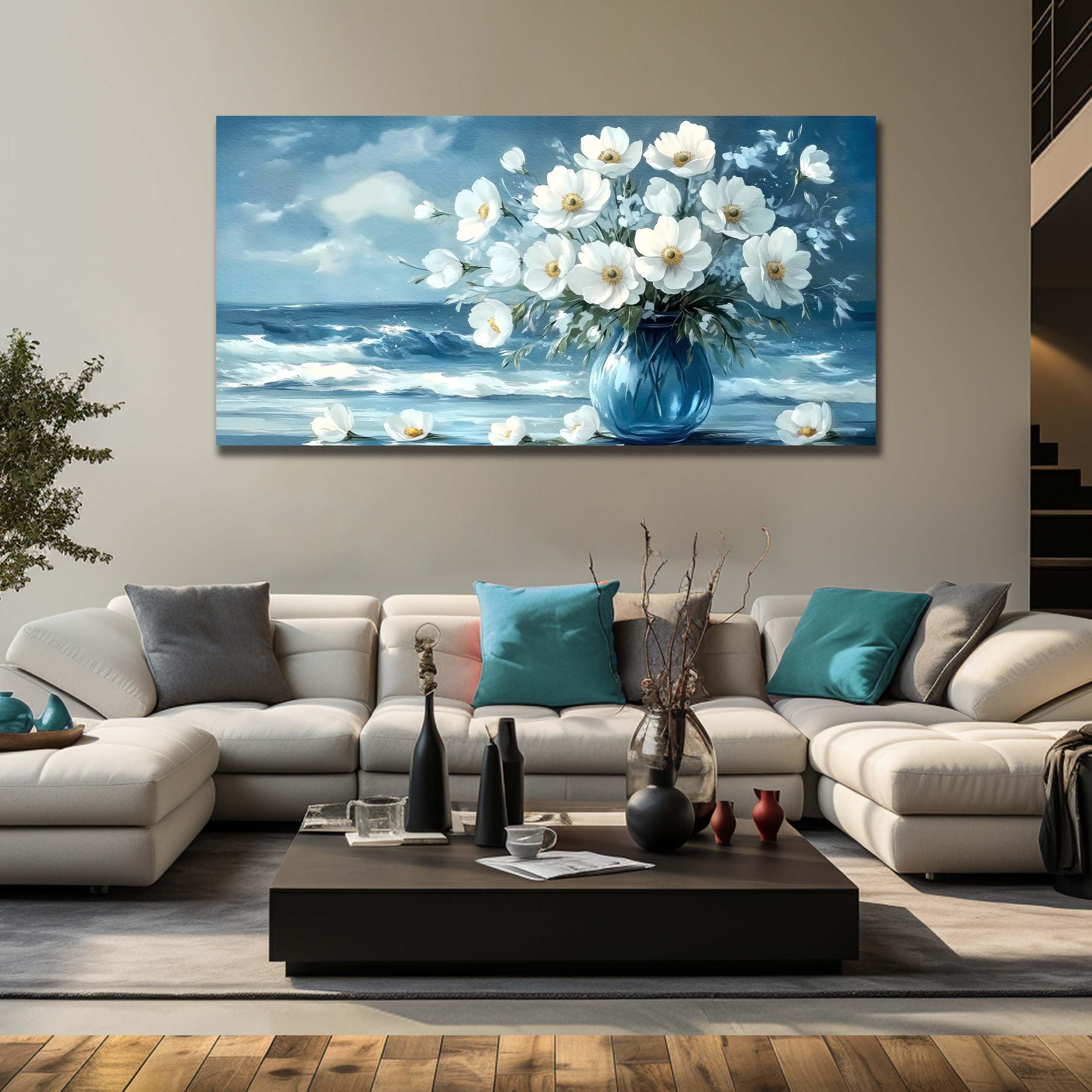 AEFOUU Cuadro floral para sala de estar, lienzo decorativo con motivos oceánicos para dormitorio, lámina decorativa azul y blanca para oficina (30x60cm/marco interno)