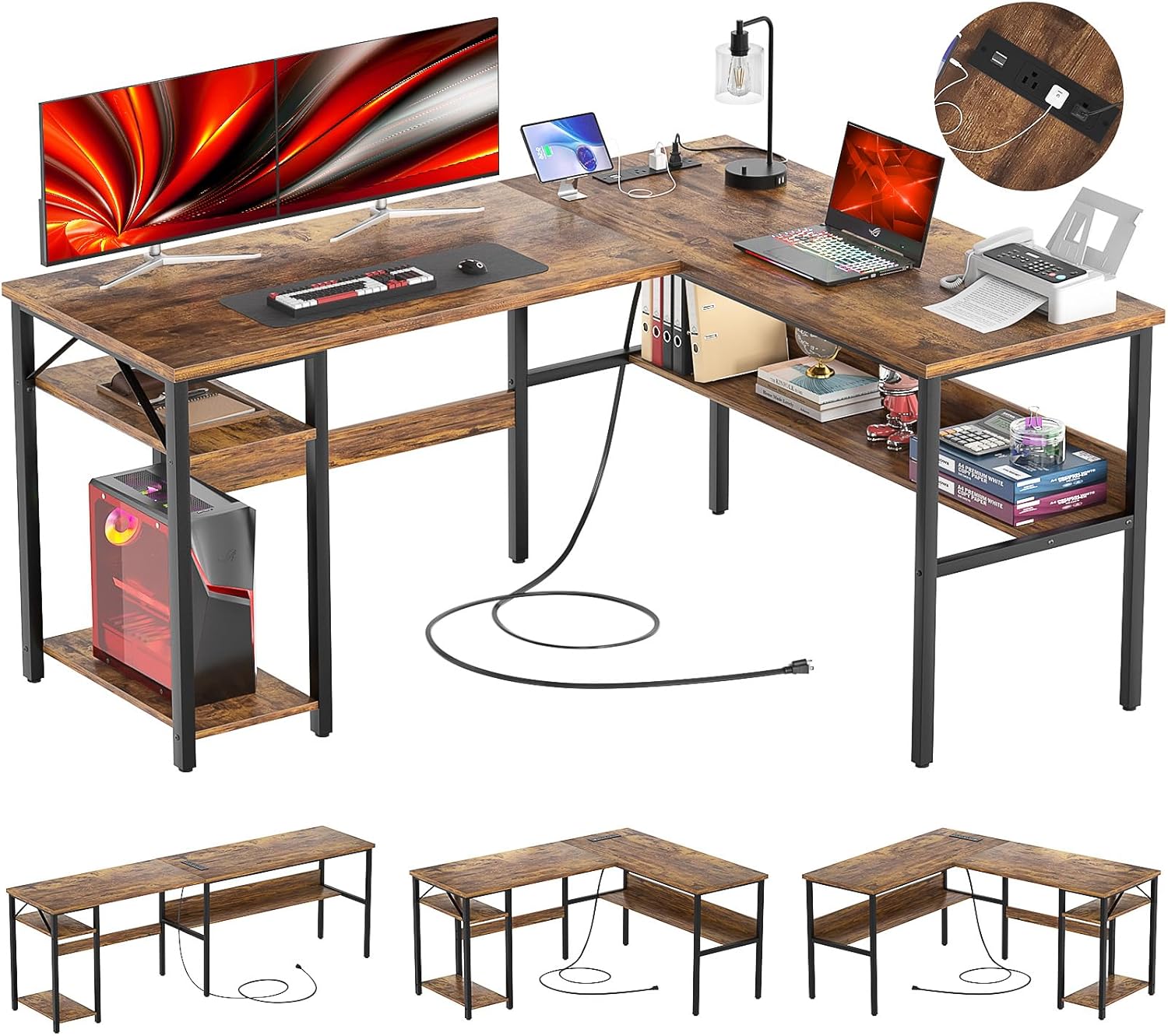 Reversible L Shaped Computer Desk with Power Outlets and USB Charging Ports, Sturdy Corner Desks with Storage Shelf, Modern Work Gaming Table for Home Office, Easy to Assemble, Rustic Brown L Shaped Desk Rustic Brown