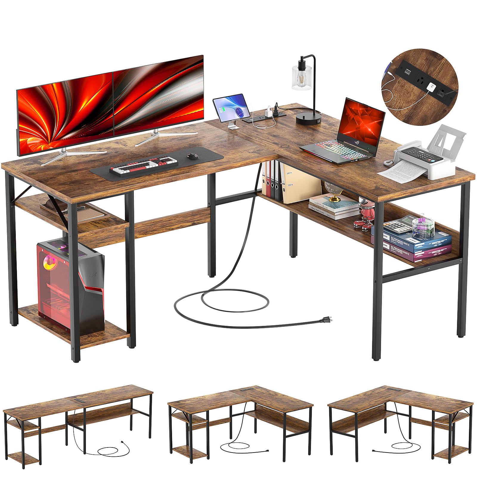 Hyomdeck Reversible L Shaped Computer Desk with Power Outlets and USB Charging Ports, Sturdy Corner Desks with Storage Shelf, Modern Work Gaming Table