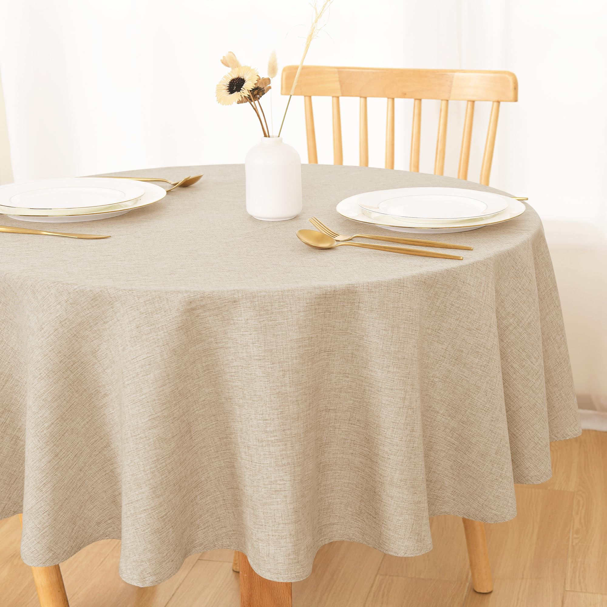 Tovaglia Rotonda In Cotone E Lino Beige A Strisce 140 Cm - Elegante E Antimacchia Per Tavolo 80-90 Cm, Stile Shabby Chic