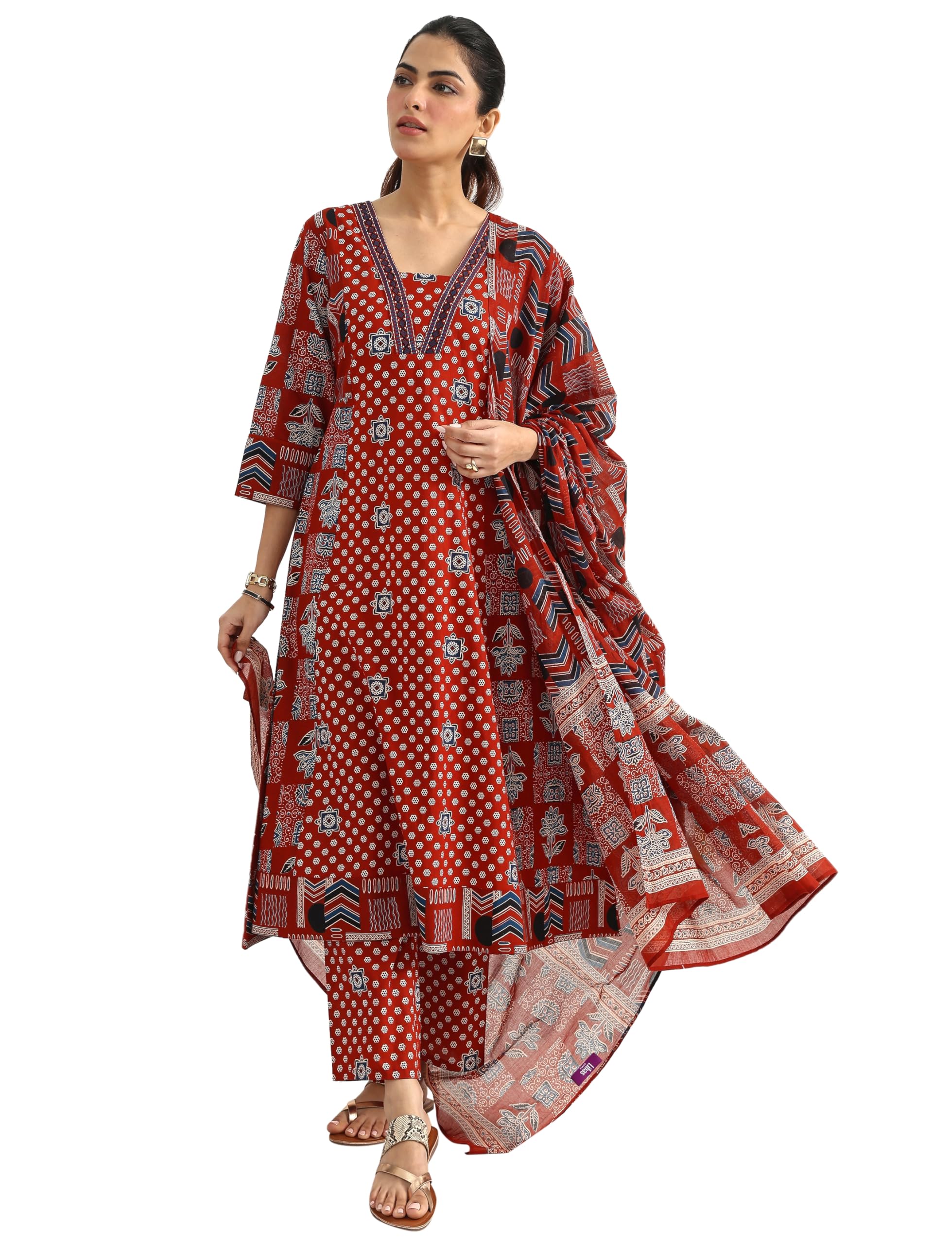 Printed Cotton A Line Kurta With Trousers and Dupatta | daily wear suit-picture-49