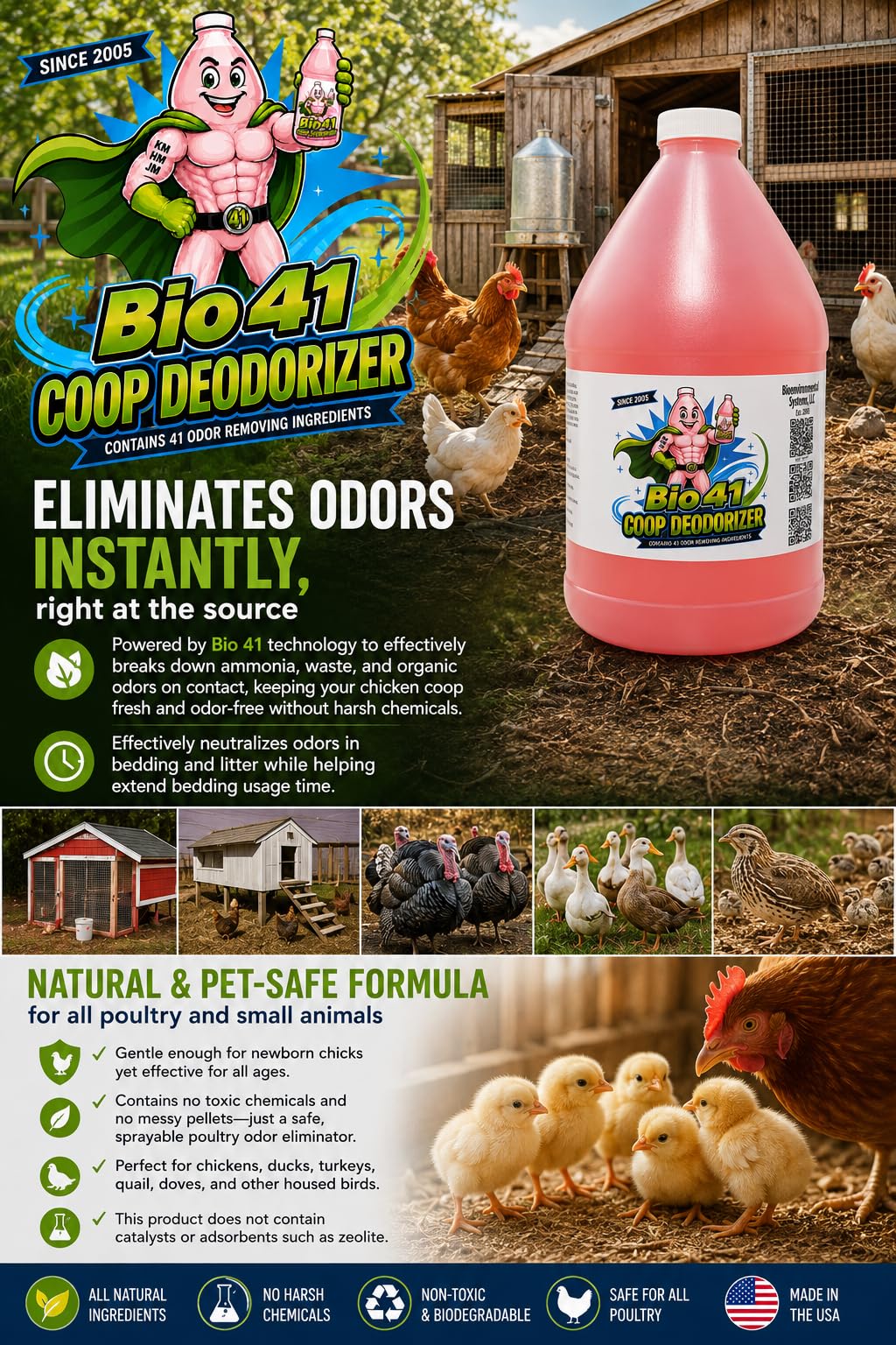 Desodorante de gallinero, todos los ingredientes naturales para el control de amoníaco y eliminador de olores para aves de corral, funciona en cocineros, criadoras, cajas siguientes, áreas de desechos