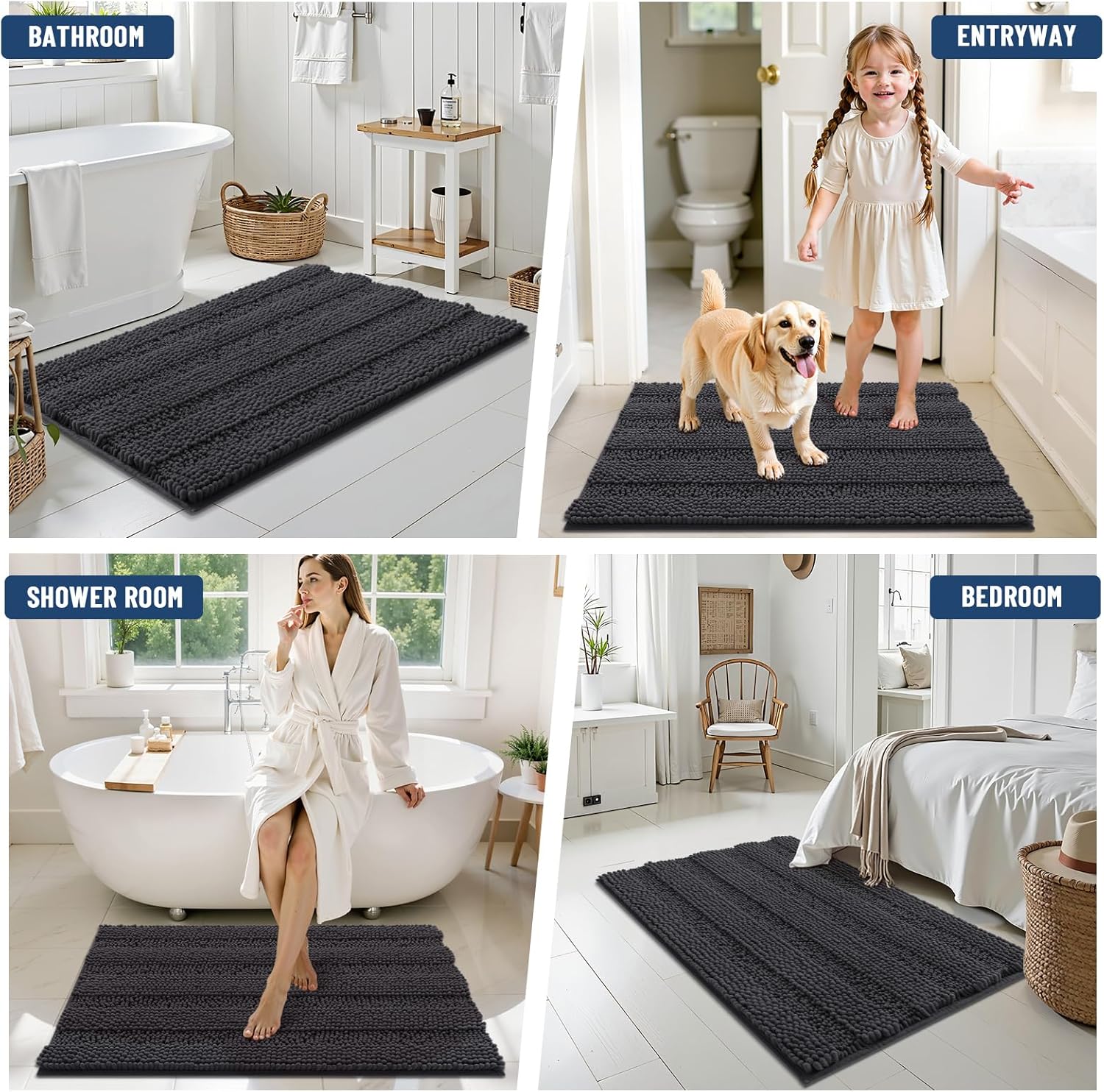 Grandaily Chenille Striped Bathroom Rugs 24x16, Extra Thick and Soft Absorbent Bath Mats, Rubber Backing, Plush Shaggy Shower Carpet, Machine Wash Dry, Bath Rug for Bathroom, Charcoal