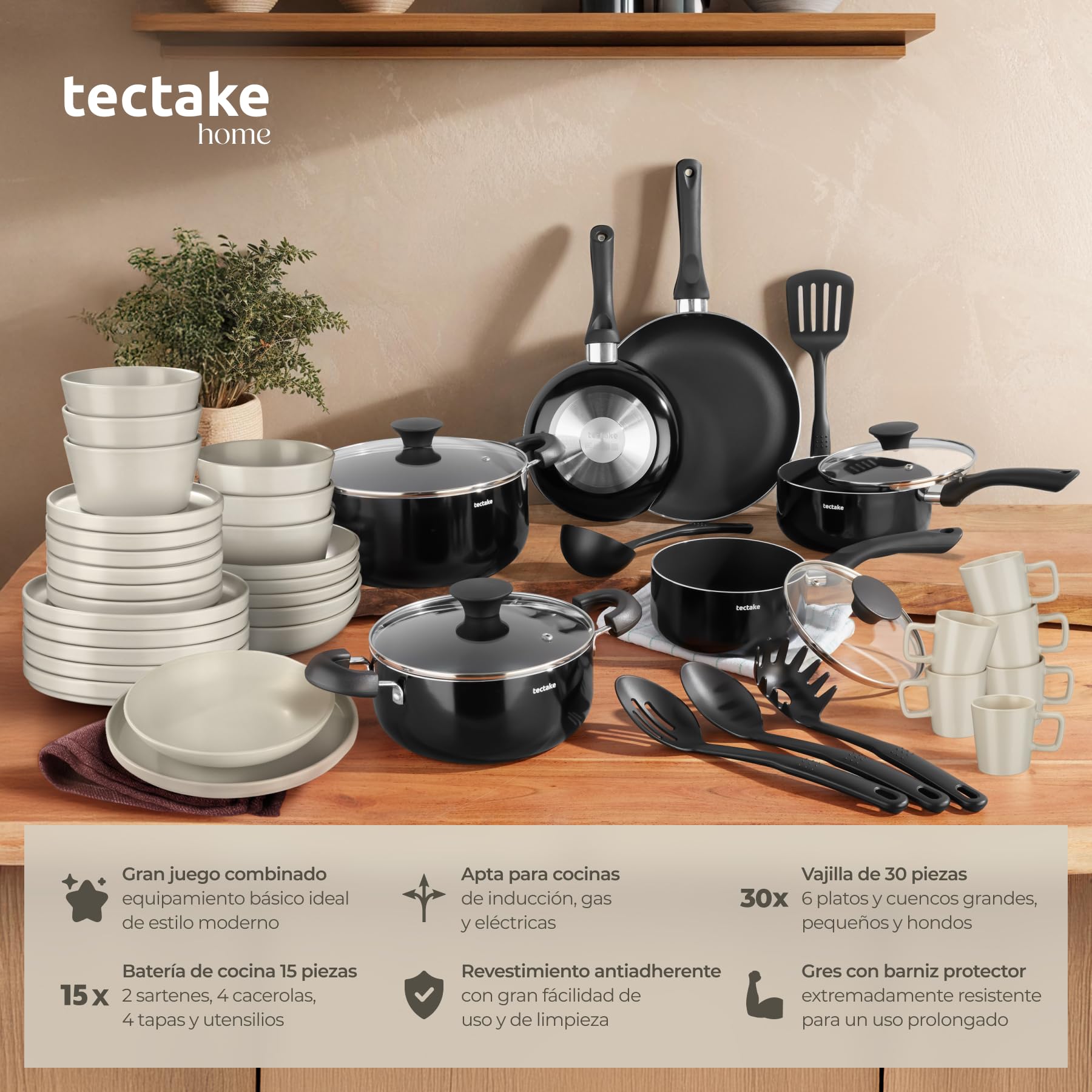 tectake® Juego de Vajilla Completa, Vajillas Completas Modernas, Platos Vajilla, Cuencos Cocina, Tazones Desayuno, Tazas Cafe, Ollas Aluminio Inoxidable - 45 Piezas Negro/Gris Topo