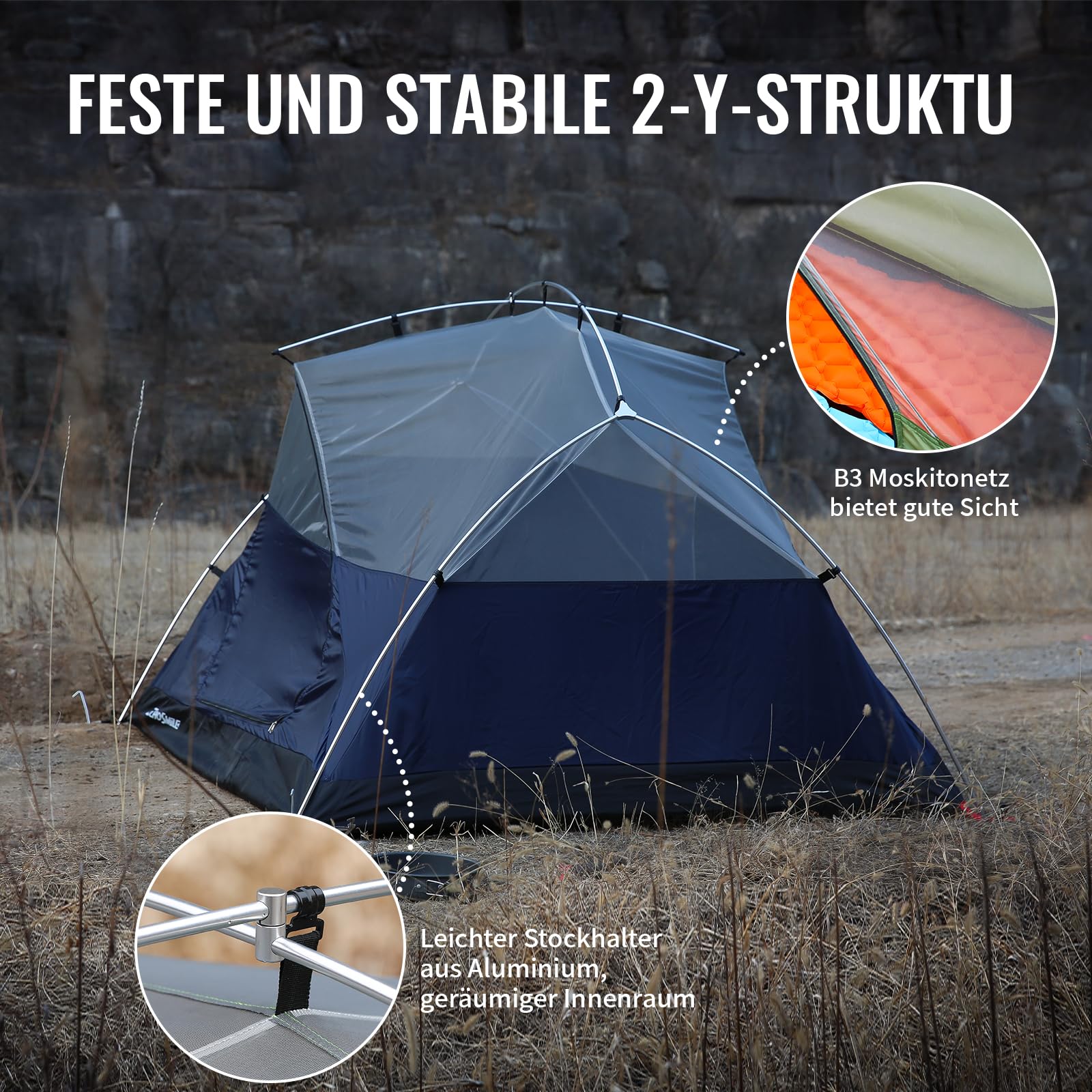 EchoSmile Camping Zelt 2-3 Personen, Wasserdicht PU3000 mm Wurfzelt, Ultraleichtes Double-Layer Kuppelzelt mit 2 Türen, 3–4 Saison Zelte für Camping, Wandern & Bergsteigen, Einfache Montage