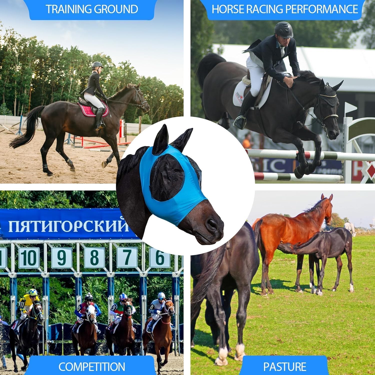 Máscara de Mosca Azul para Caballos con Orejas, Protección UV y Moscas, Malla Transpirable
