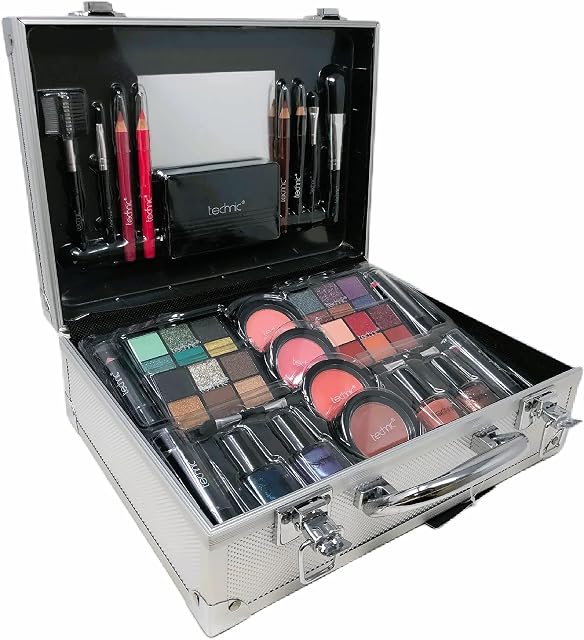 Technic Travel Makeup Organiser Case - Beauty Cosmetics Christmas Gift Set for Women, Stocking Fillers, Travel Make Up Silver Box with Topline Thank You Card.