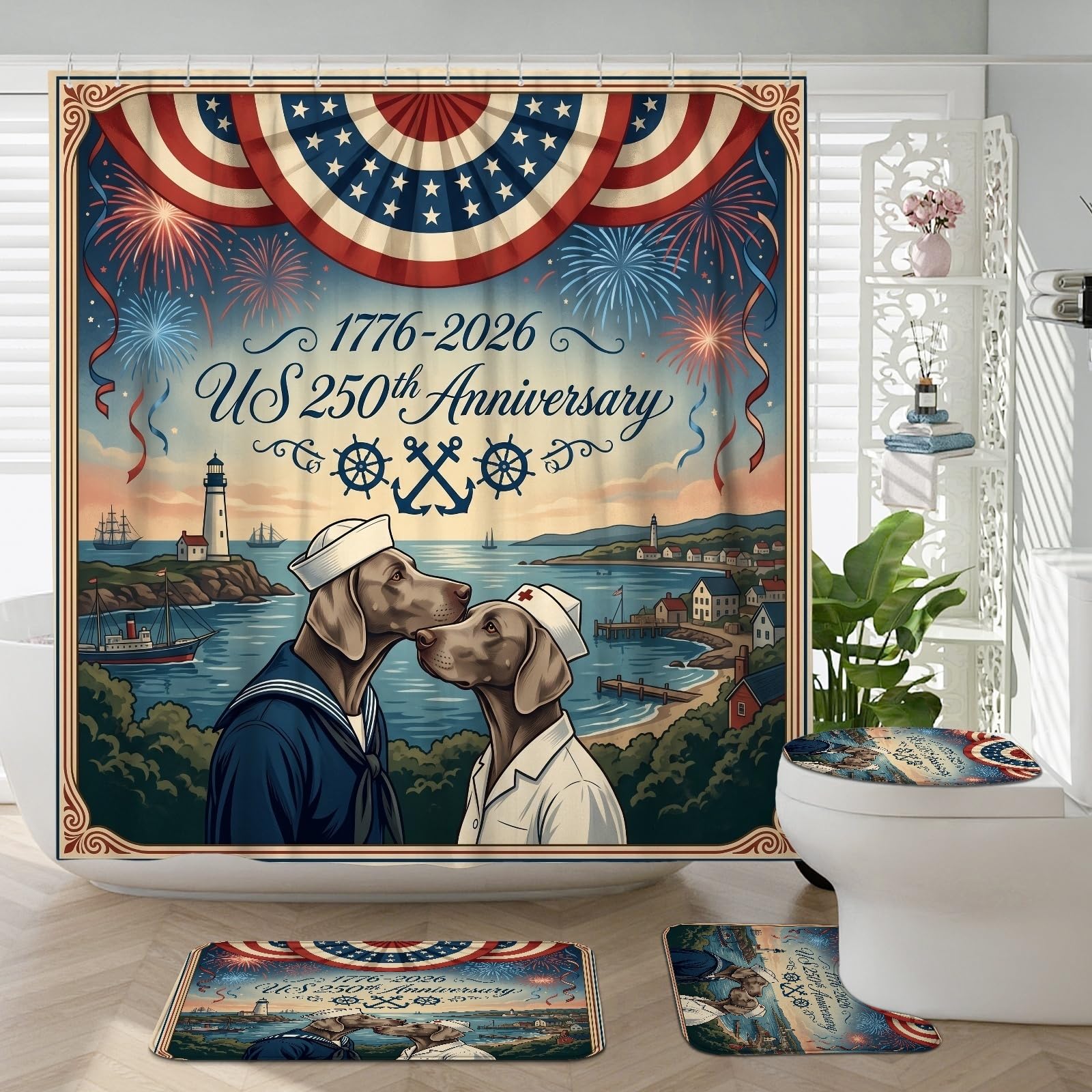 Rideaux de douche chien de Weimar anti-projections avec tapis antidérapants pour sol toujours sec
