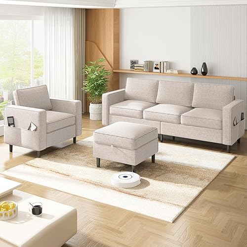 2 Piece Living Room Sofa Sets, Modern 3 Seater Sofa with Storage Ottoman and Armchair Sets, Linen Fabric L Shaped Sectional Couch + Single Chair Sofa Sets for Living Room, Apartment,Beige