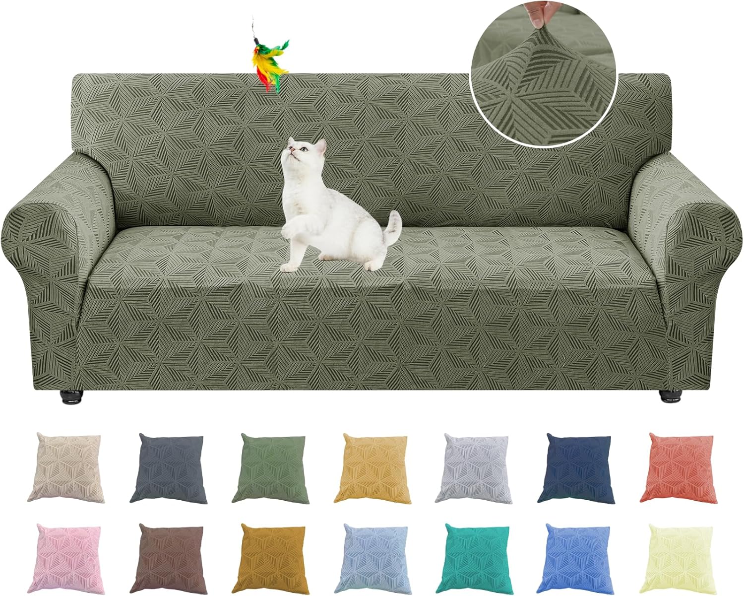 YEMYHOM 1 Piece Stretch Couch Covers for 3 Cushion Couch, Jacquard Sofa Cover with Non-Slip Elastic Bottom, Thickened Slipcover Furniture Protector for Dogs Pets (Large, Army Green）