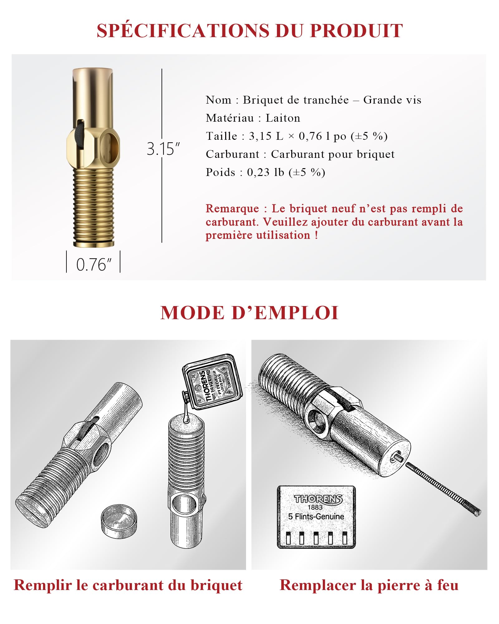 Thorens Big Screw Briquet Trench à Essence Laiton Anti-Vent | Vintage, rechargeable, flamme douce, double flamme, télescopique, molette, camping, cadeau homme unique