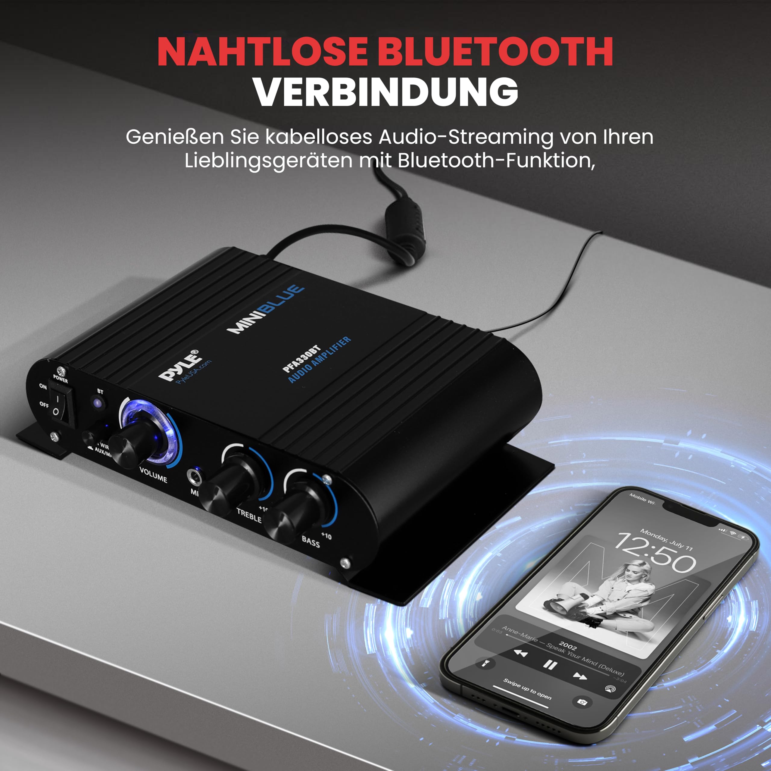 Pyle Mini Bluetooth Stereo Verstärker, 90W Audio Receiver mit 3 Eingänge, 2 Kanal, EQ Controls für das Heimkino
