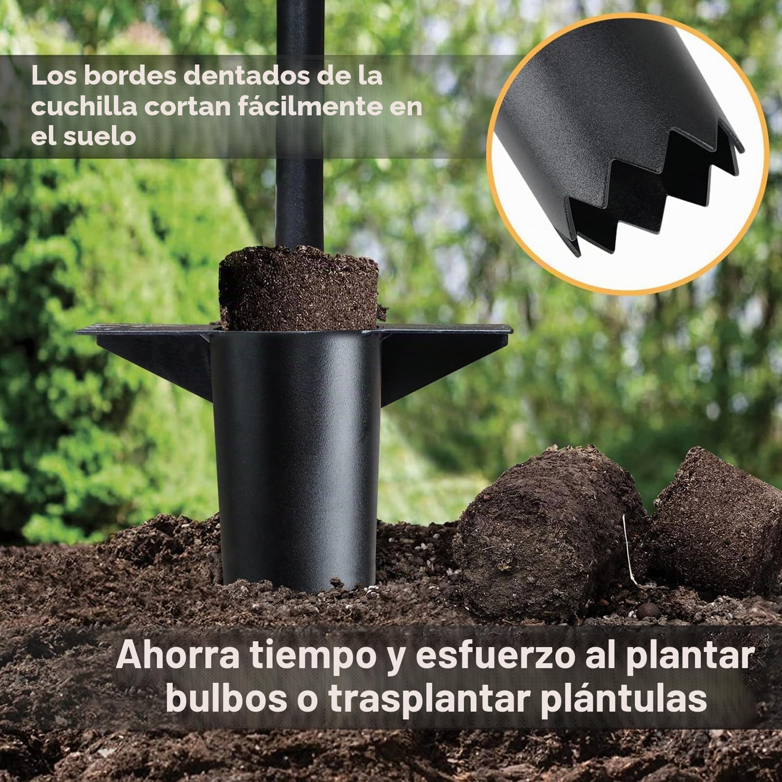Plantador de bulbos con mango largo, con borde dentado y plataforma para el pie, ideal para tulipanes, narcisos, lirios, herramienta de jardín para cavar, trasplantar y tomar muestras de suelo