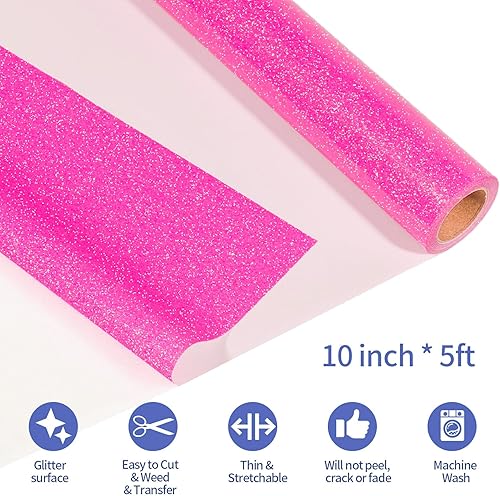 Miniatura 2 de VINYL FROG Vinilo HTV con purpurina de 10 pulgadas x 5 pies, rollo de vinilo de transferencia de calor, color rosa intenso, vinilo para planchar,