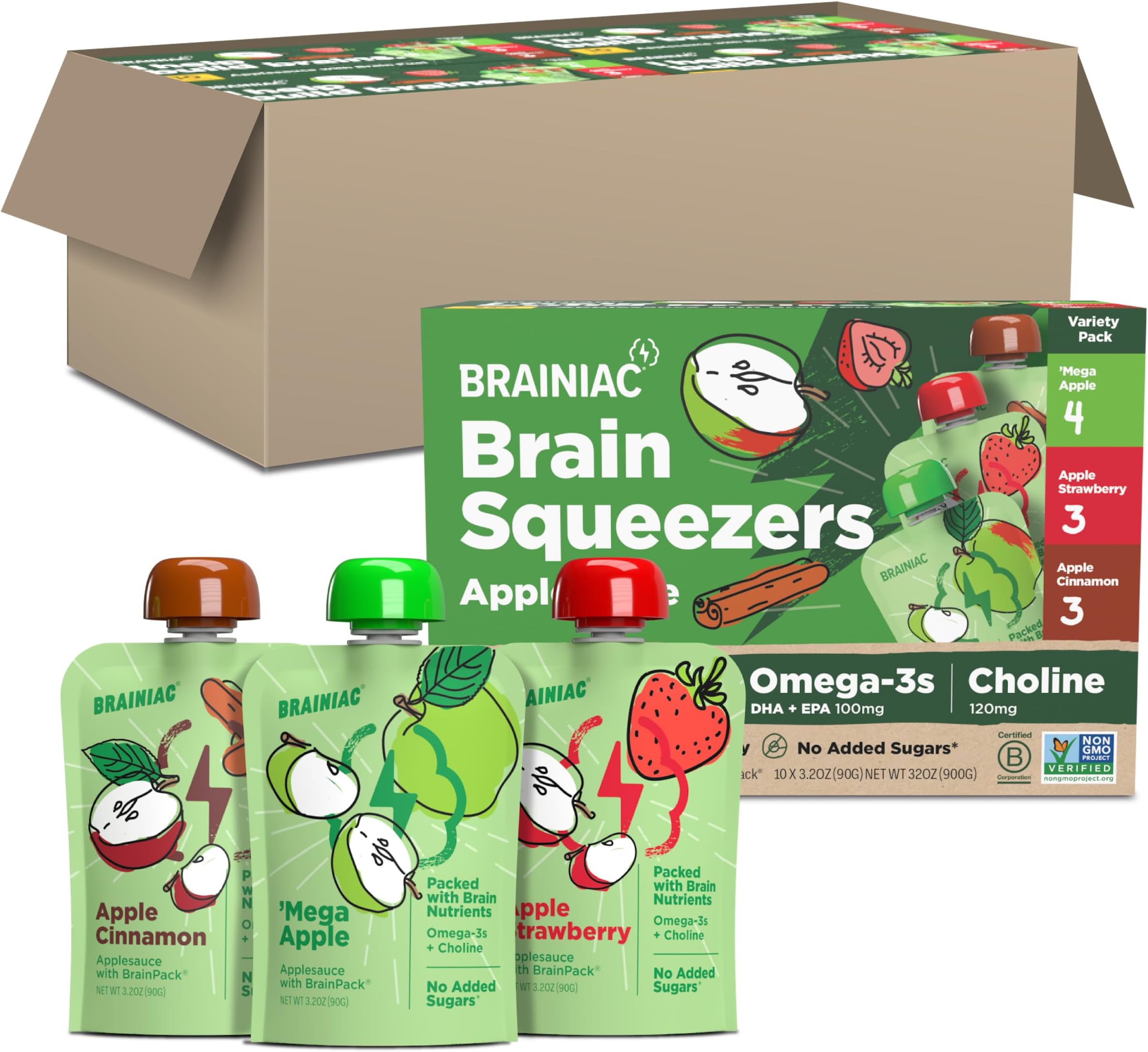 Brainiac Applesauce Variety Pack Pouches, Apple, Apple-Cinnamon & Apple-Strawberry Flavors, Unsweetened Applesauce with Vitamin C, Omega-3s & Choline, 40 Count, 3.2 oz.