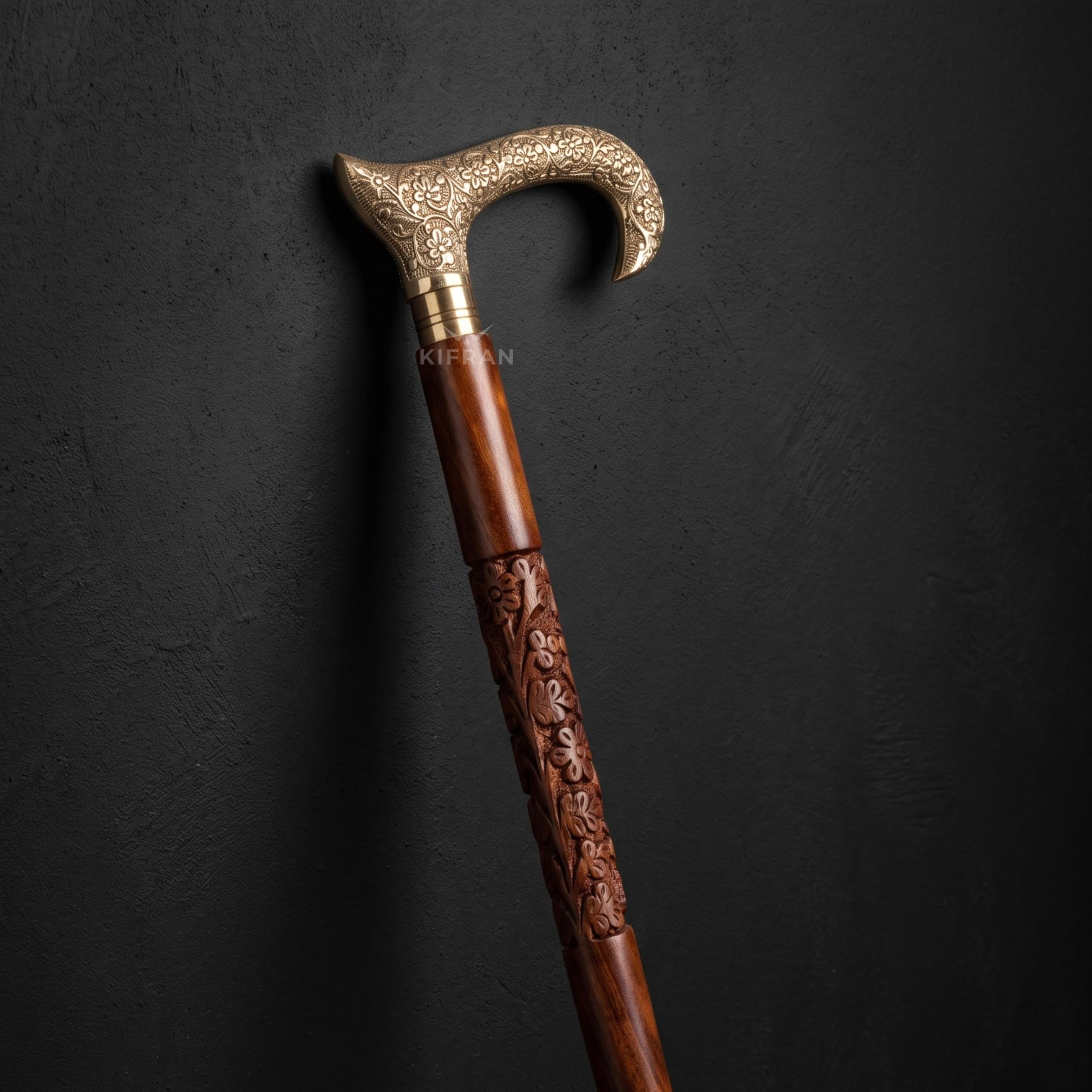 Royal Vintage Walking Cane with Carved Shaft, Brass Handle (Solid Sheesham) | Handcrafted Kashmiri Inlay Handle, Lightweight Design, Antique Wooden Shaft-image-33