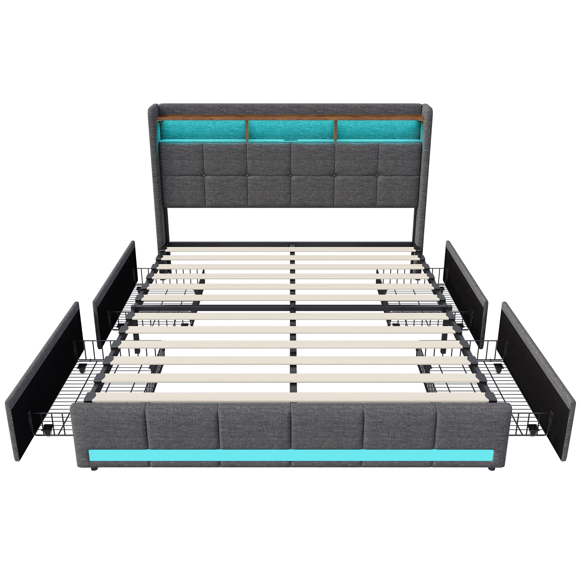 Boxspringbett 140x200 mit Lattenrost，Stilvolles Polsterbett mit Stauraum, 4 Schubladen, Individueller LED-Beleuchtung, USB und Typ-C-Anschlüssen, Modernes Graues Design für optimalen Komfort