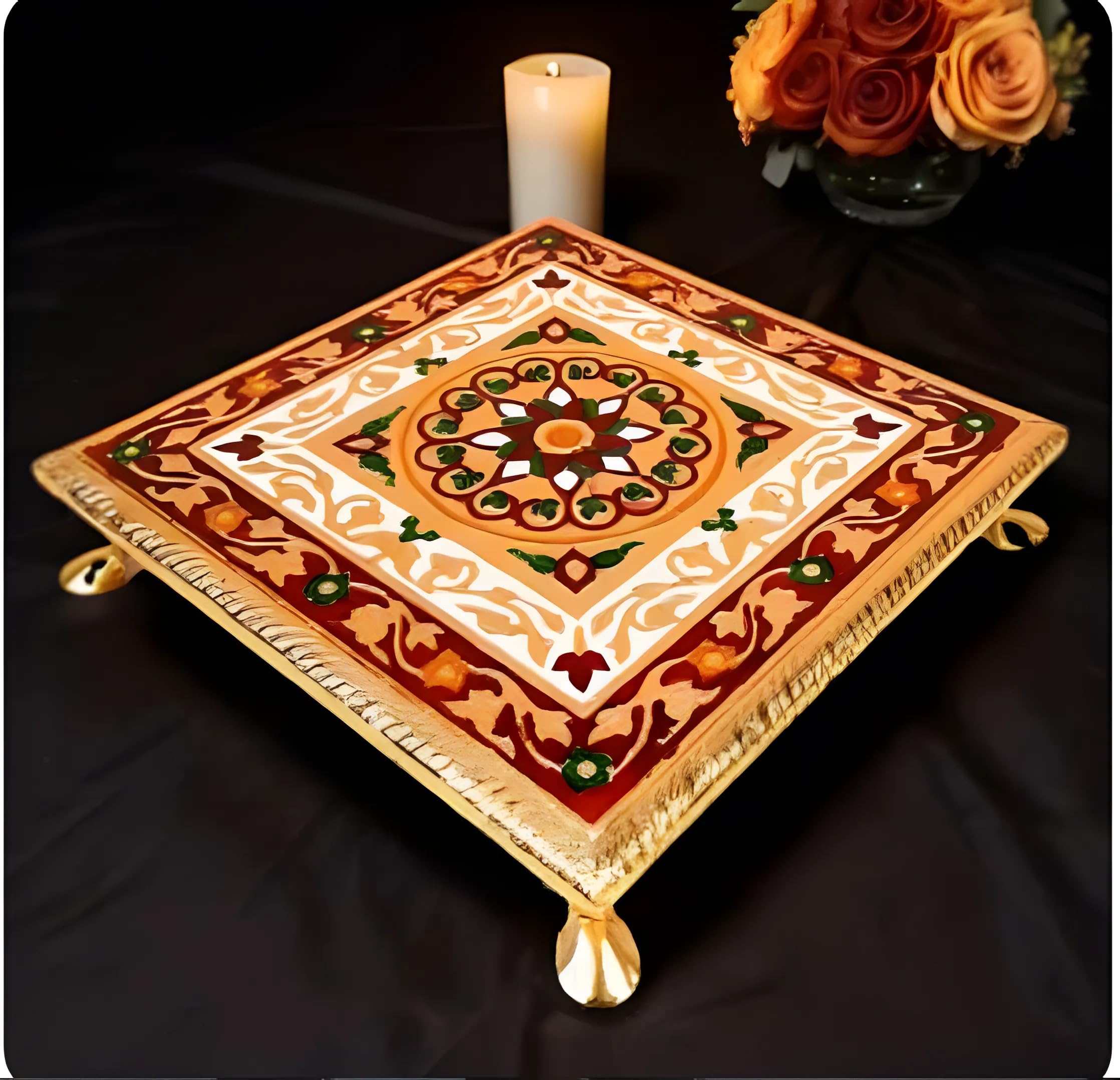 XSOURCE Wooden Bajot Chowki Handcrafted Multicolor Meenakari Artwork Chowki Handmade Meenakari Chowki Bajot Multi Purpose Meenakari Small (15 X 15 CM, Multicolor) SH24 4