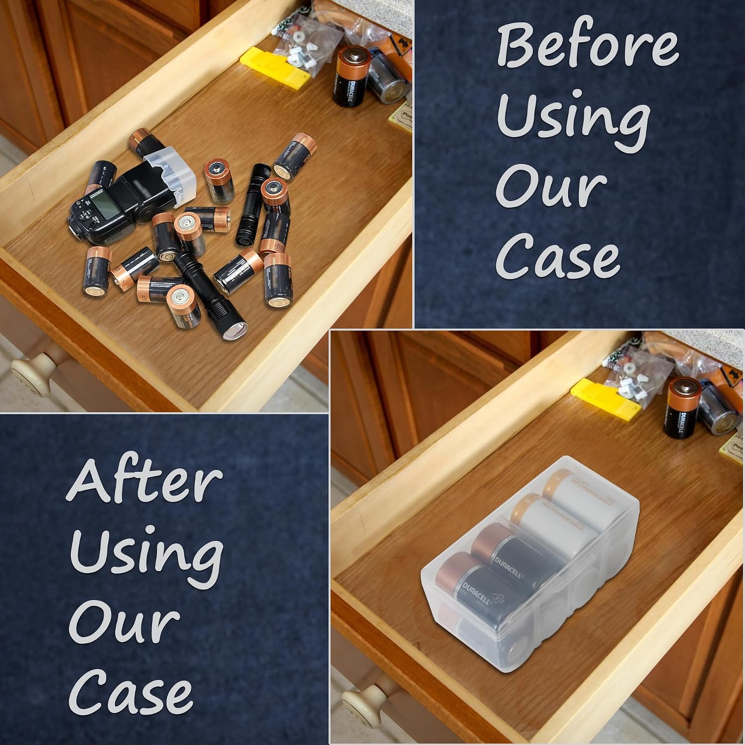Home-X D Battery Storage Case - Clear, See-Through, Water Resistant D Battery Holder - Easy Access D Cell Battery Holder with Handle - Battery Organizer Storage Case Fits Up to 8 D Batteries