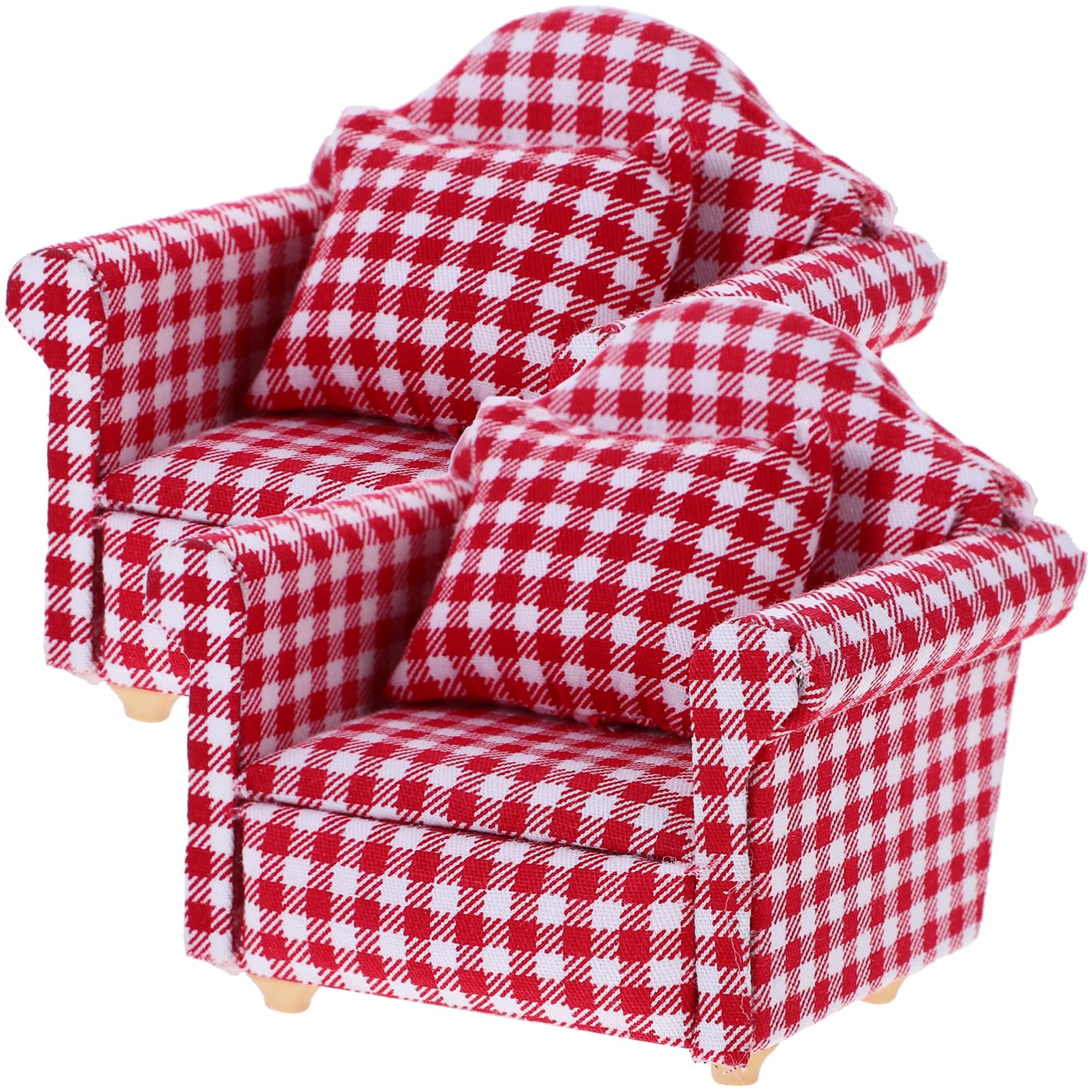 Toyvian 2pcs Miniature Single Sofa with Pillows for Doll House Plaid Design Dollhouse Furniture for Mini House Decor and Playtime Adventures
