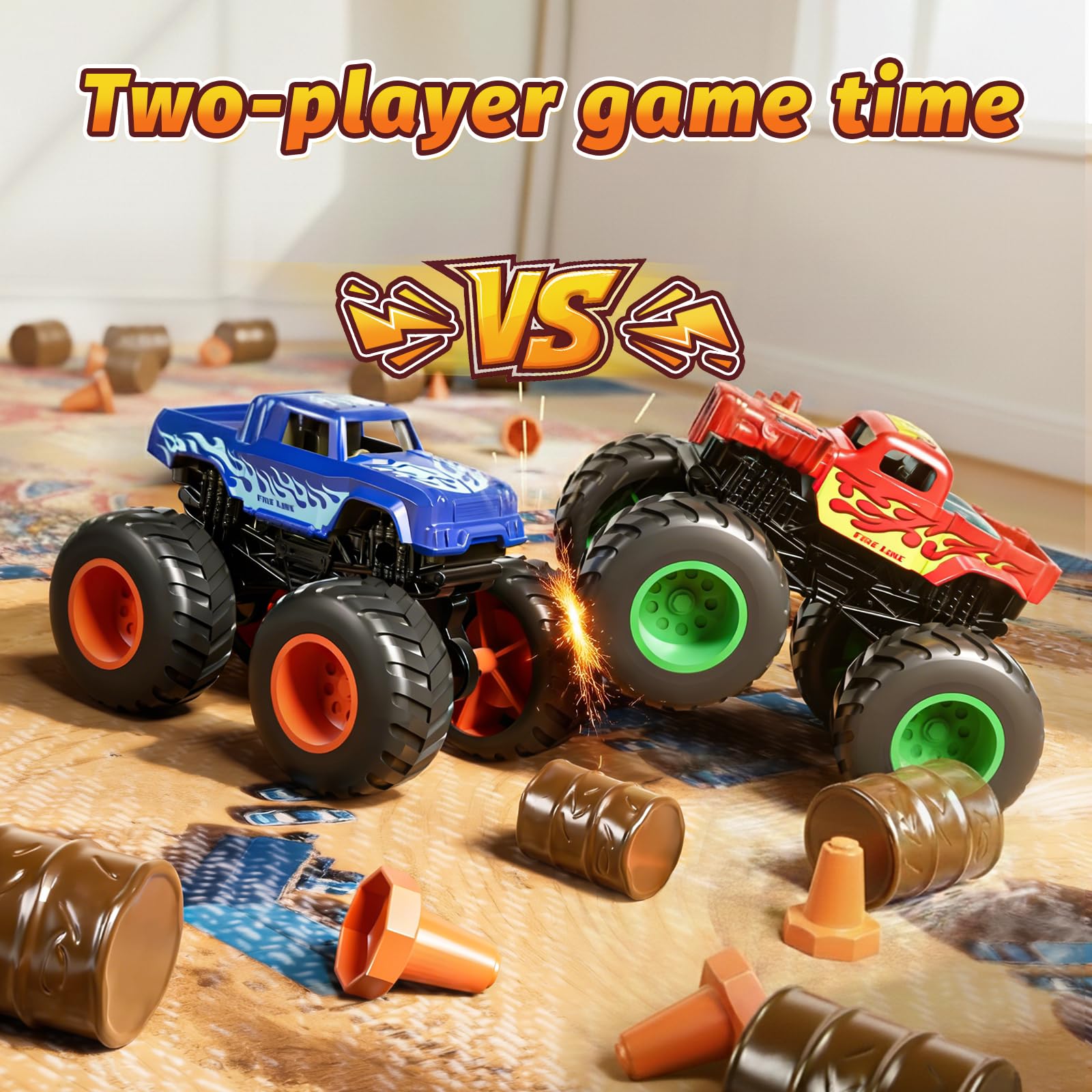 Monster Truck - Set da 27 pezzi con tappetino da gioco, mini camion giocattolo in scala 1:64 con carrozzerie intercambiabili, rampe e barili, gioco da corsa fai da te, regalo di compleanno