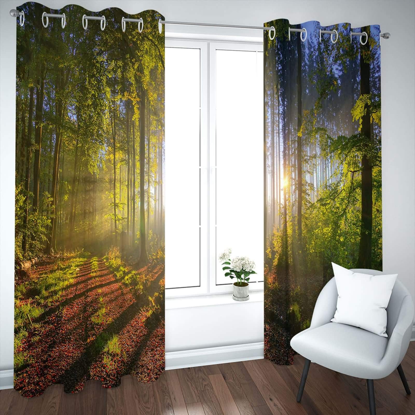 Zasłona do sypialni z poliestru, długość z oczkami, zestaw 2 sztuk, las, nieprzejrzysta, nowoczesna, 214 x 138 cm