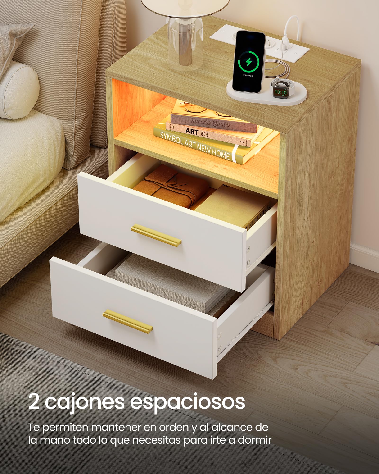 VASAGLE Custos Colección - Juego de 2, Mesita de Noche con Estación de Carga, Luz LED, Mesa Auxiliar con Cajones, Estante Abierto, 2 Tomas CA y Puertos USB, Roble Natural y Blanco Nube LET829YD02
