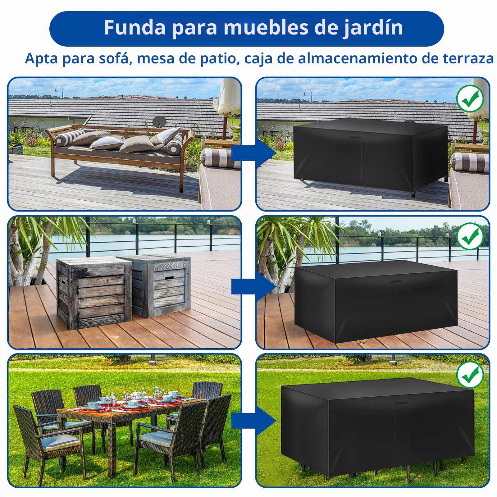 Funda para Muebles de Jardín, Funda Mesa Exterior Impermeable Cubre Muebles Exterior, Paño de Oxford 420D, funda protectora para mesas de jardín y juegos de muebles (242 x 162 x 100 cm)